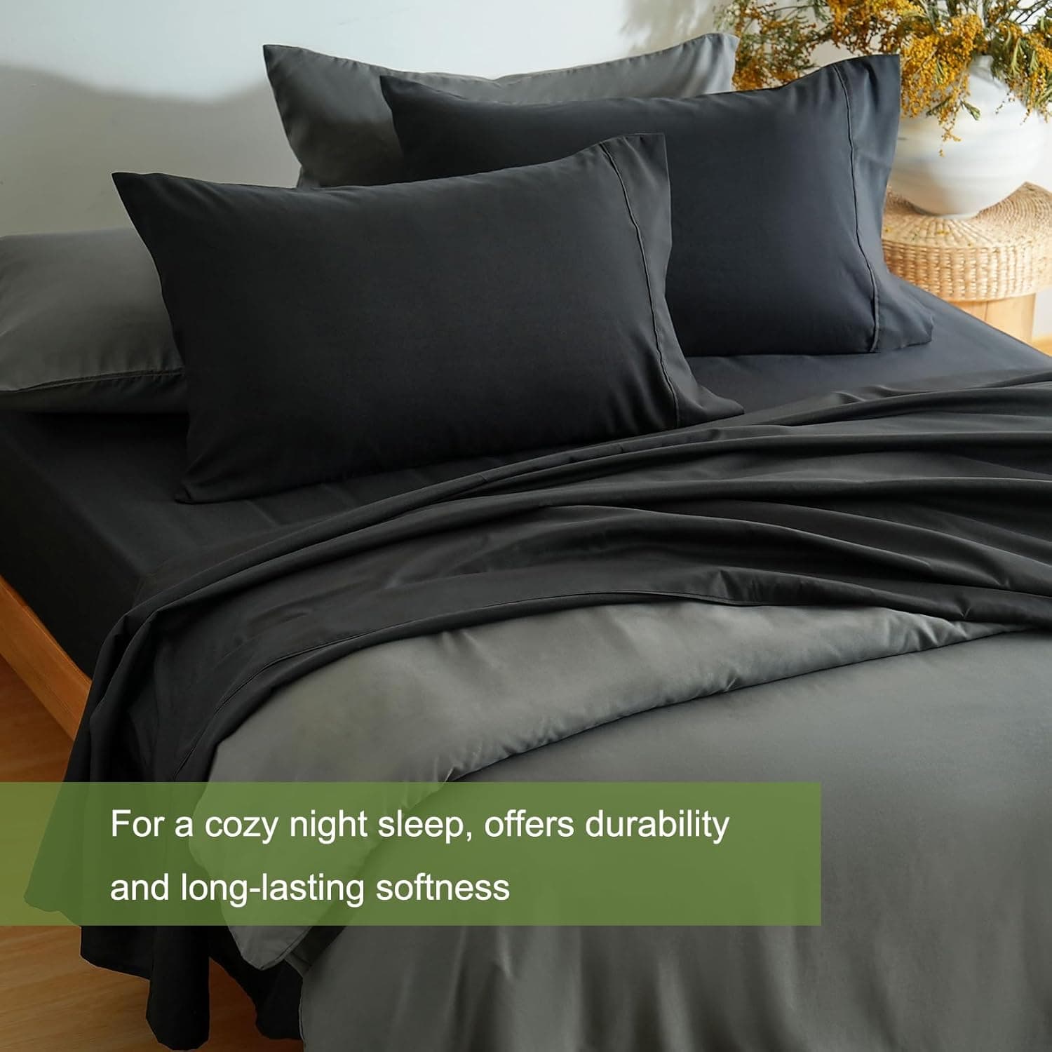 Mohap Bed Sheet Set 3 Pieces Double Brushed Microfiber 1800 - Breathable All Season Luxury Soft Bedding - Twin Black 4