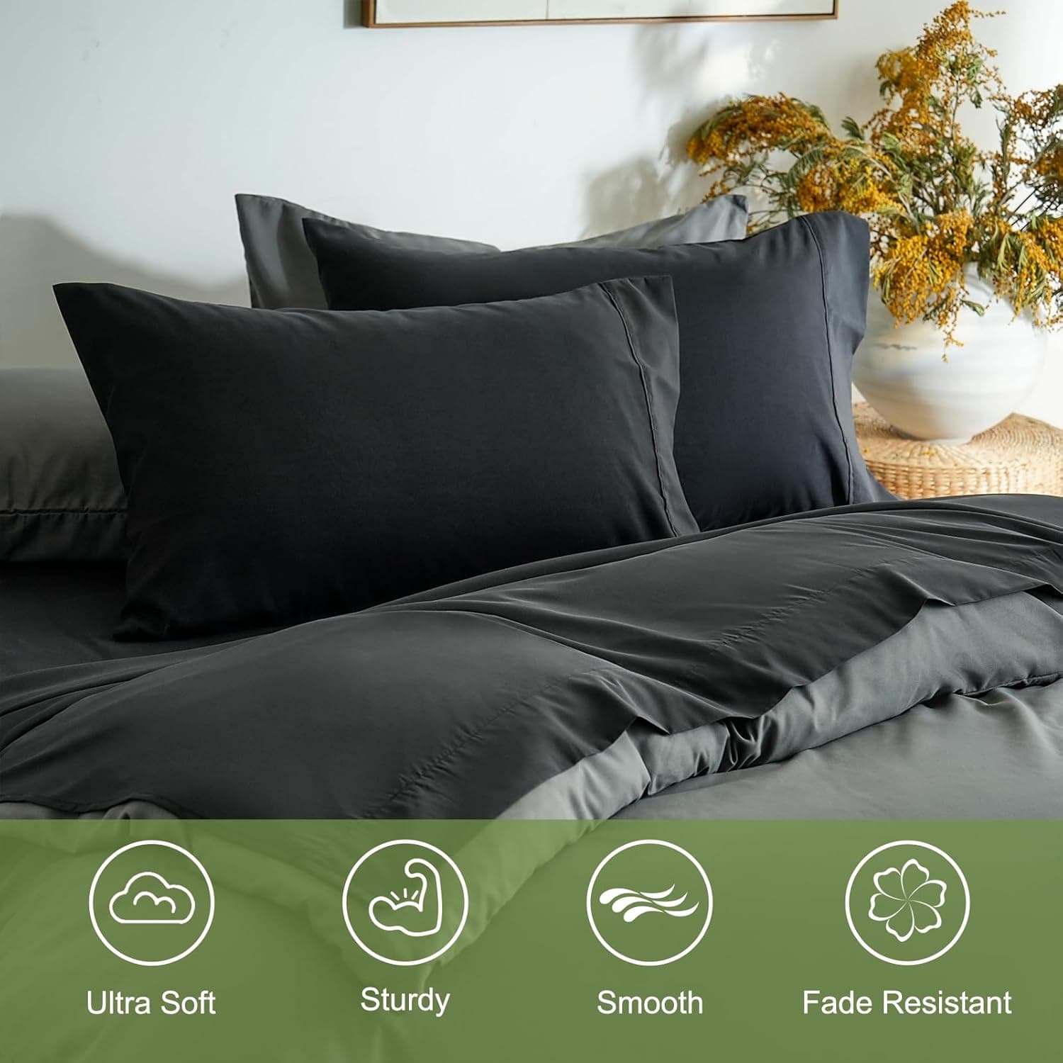 Mohap Bed Sheet Set 3 Pieces Double Brushed Microfiber 1800 - Breathable All Season Luxury Soft Bedding - Twin Black 6