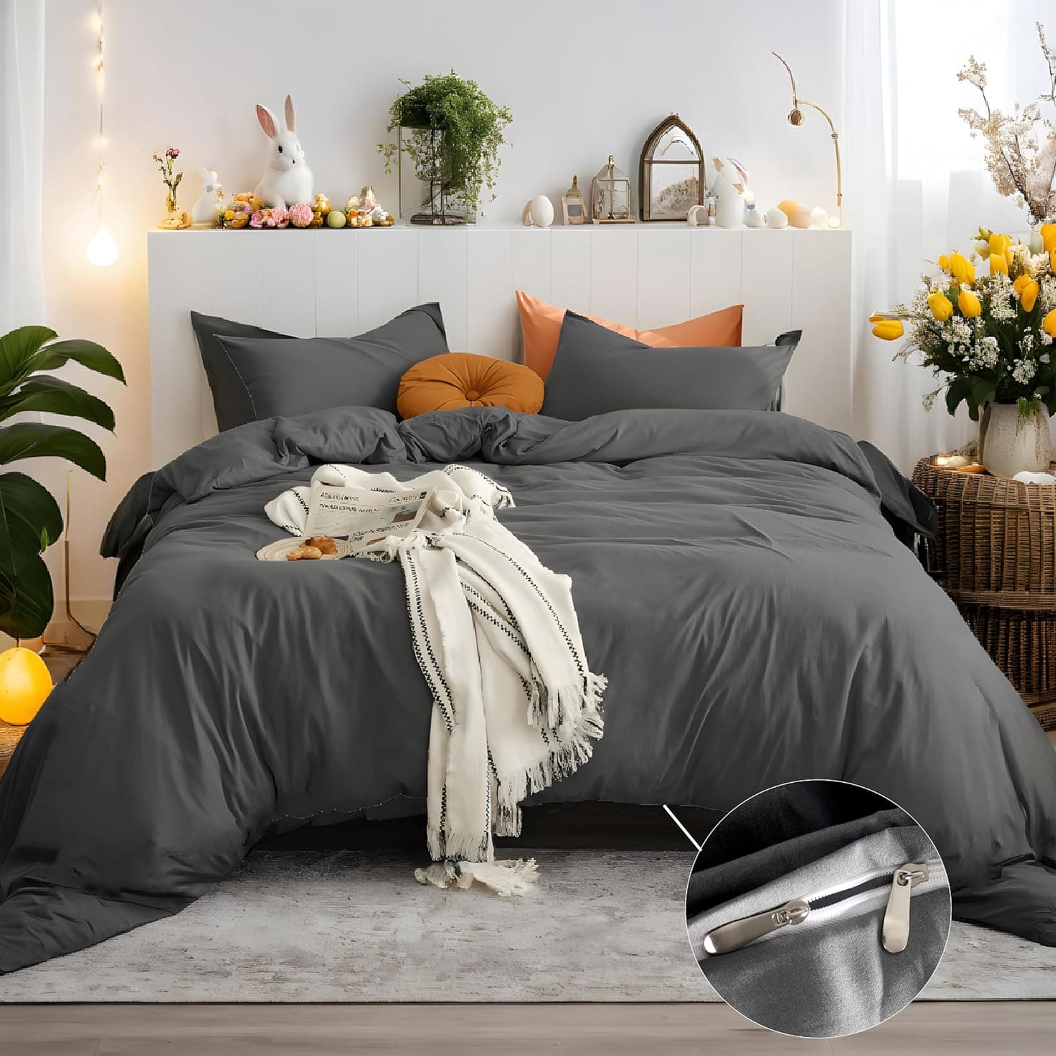 MOHAP Bedding Double Duvet Cover Set 3 PCS Double Plain Brushed Microfiber Bedding 1 Duvet Cover with 2 Zippers and 2 Pillowcases Grey