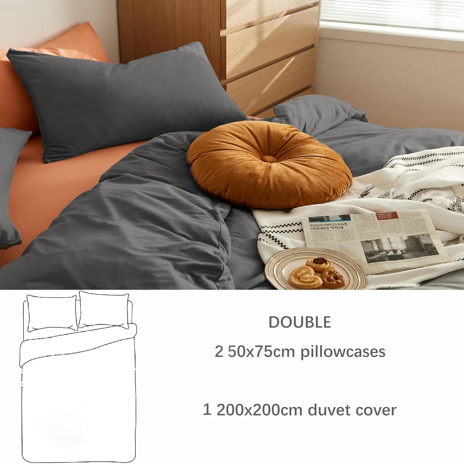 MOHAP Bedding Double Duvet Cover Set 3 PCS Double Plain Brushed Microfiber Bedding 1 Duvet Cover with 2 Zippers and 2 Pillowcases Grey 4