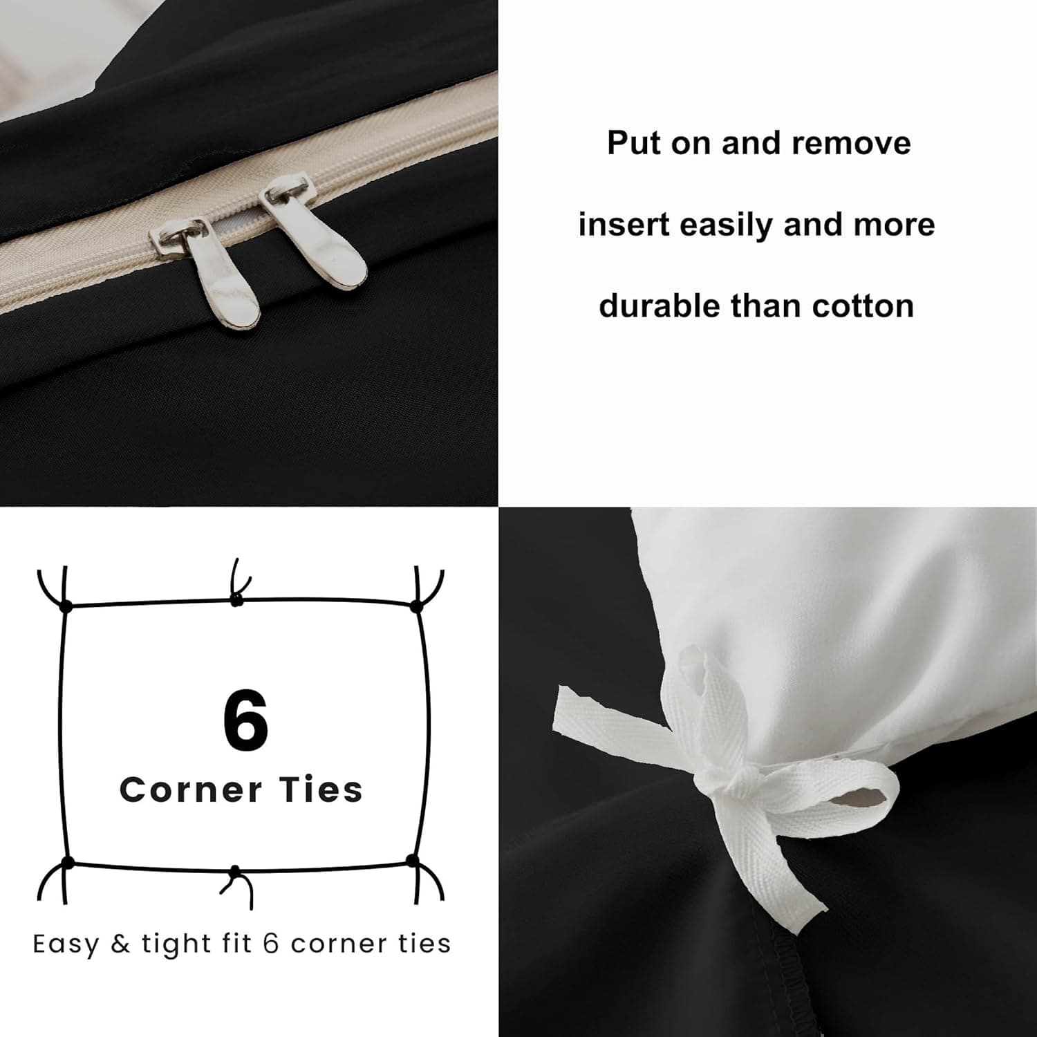 Parure housse de couette de 3 pièces, housse de couette respirante avec taies d'oreiller, Microfibre, Noir , Double 2