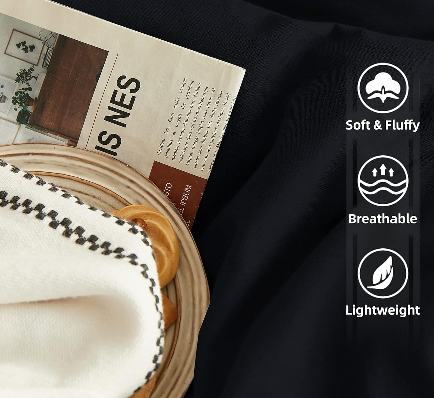 Parure housse de couette de 3 pièces, housse de couette respirante avec taies d'oreiller, Microfibre, Noir , Double 5