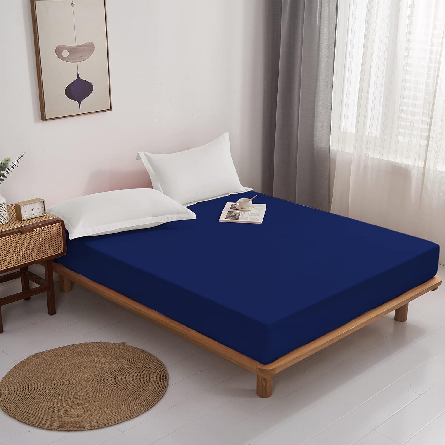 MOHAP Drap Housse 180x200cm avec Bonnet 30cm Bleu Marine Drap Housse 100 GSM en Microfibre de Haute Qualité 100% Polyester Doux, Résistant, Anti Plis 2