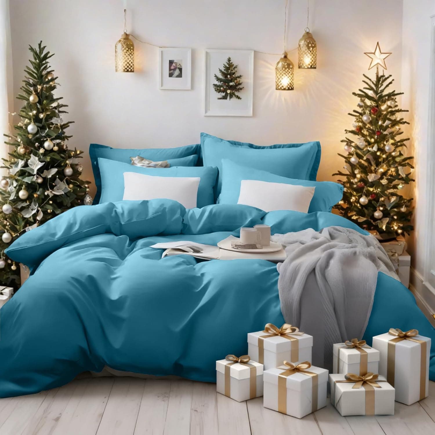 Parure housse de couette de 3 pièces, housse de couette respirante avec taies d'oreiller, bleu lac, Double