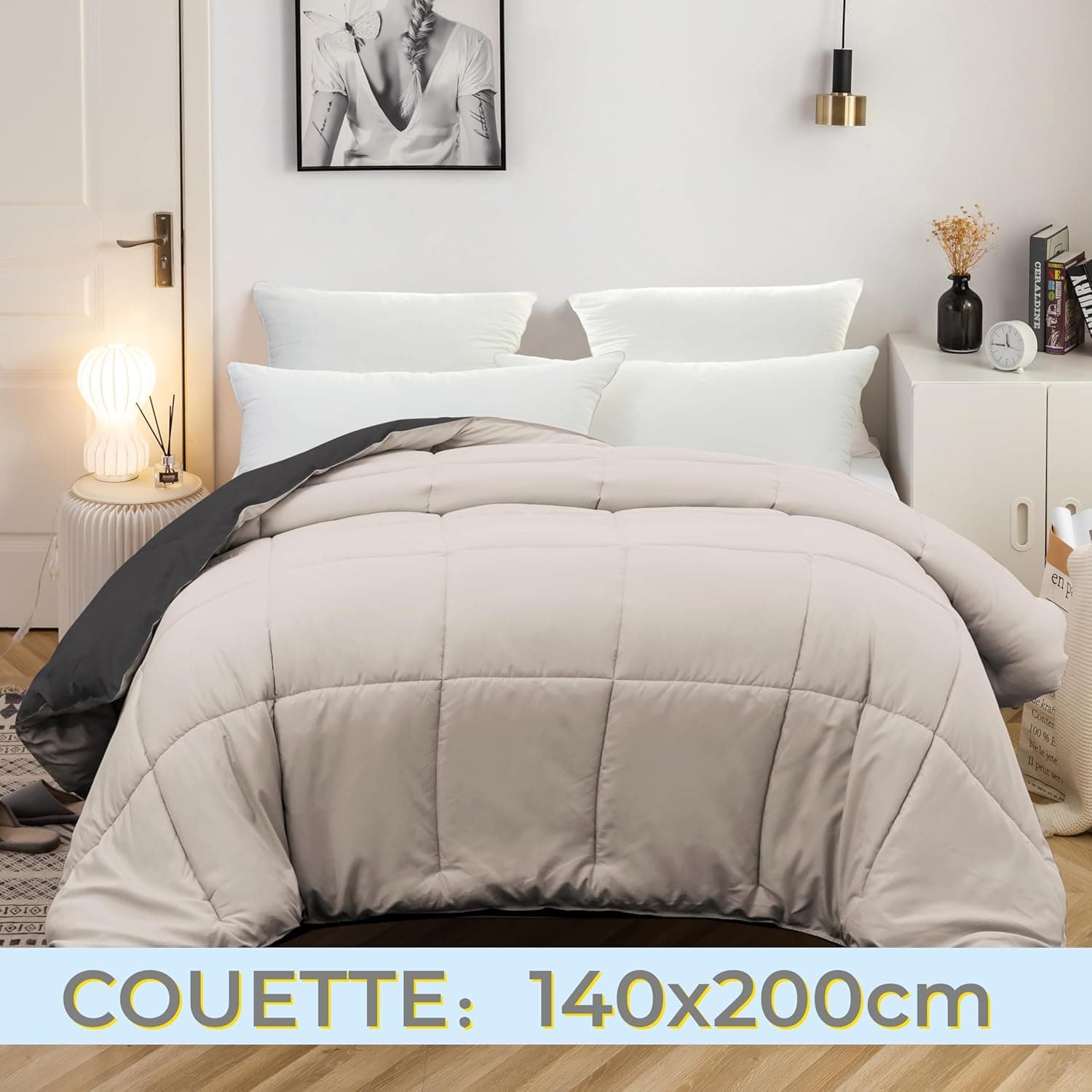 MOHAP Couette Bicolore Chaude l'hiver 450g/m² Épais 140x200cm Hypoallergénique Bicolore Beige + Gris Couette de Lit Réversible 1 Personnes Edredon 3
