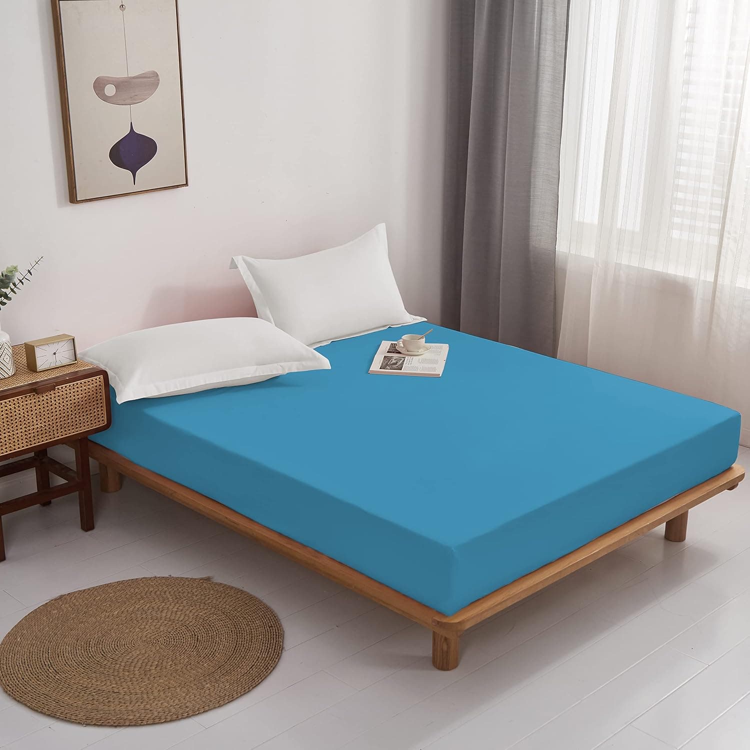 MOHAP Drap Housse 180x200cm avec Bonnet 30cm Lac Bleu Drap Housse 100 GSM en Microfibre de Haute Qualité 100% Polyester Doux, Résistant, Anti Plis 2