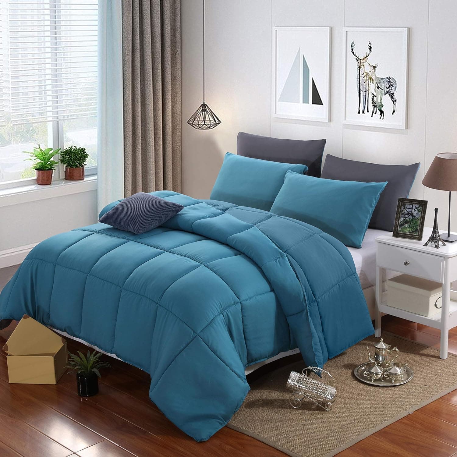 Couette Réversible 4 Saisons 450g/m² Microfibre 220x240 cm Hypoallergénique Bleu Lac Couette Hiver Matelassées Couverture Construction Box-Stitching Edredon Épais 2 Personnes