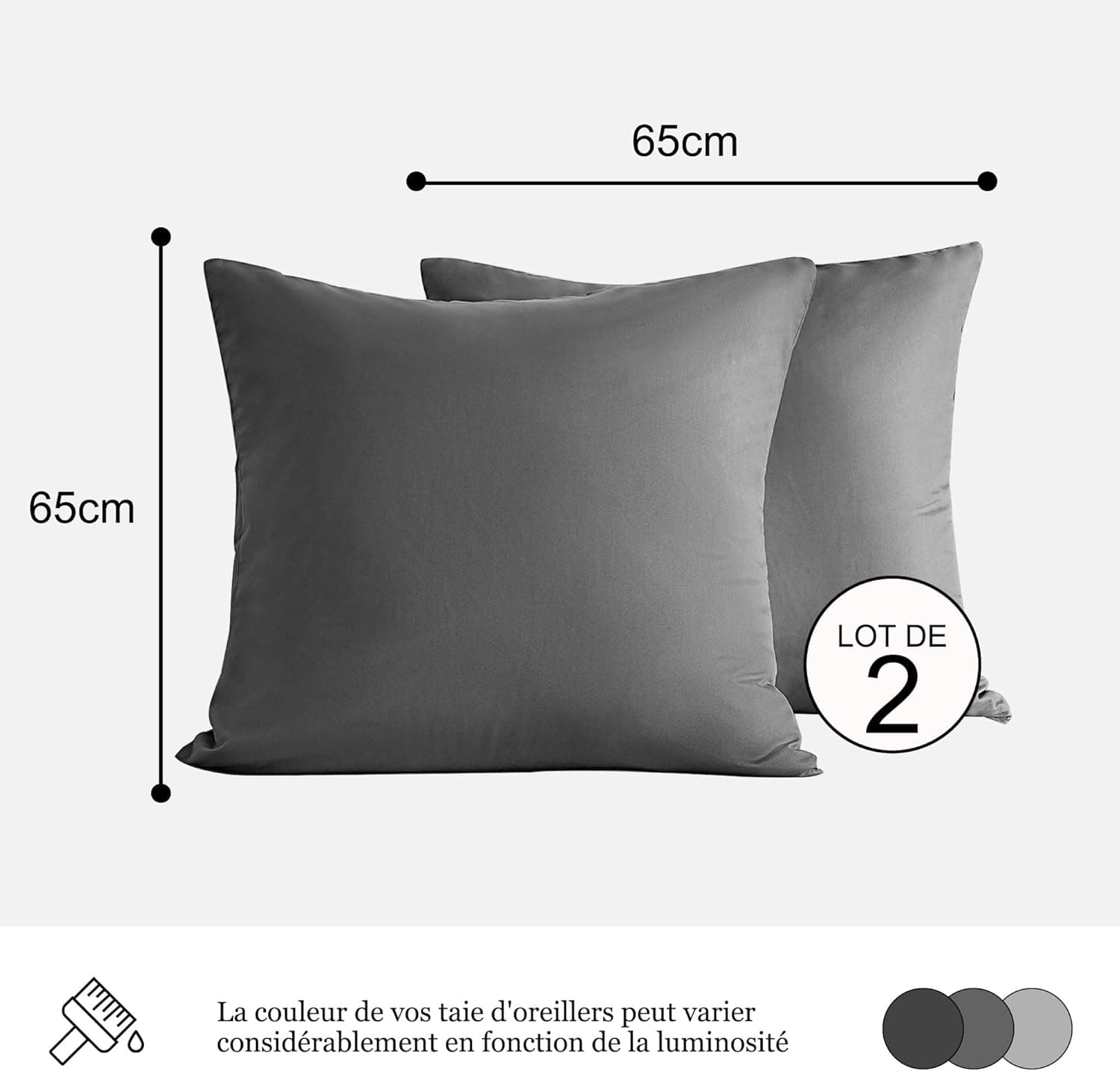 18 Couleurs Lot 2 Taie d'oreiller 65x65 cm Gris Housse Oreiller Coussin pour Canapé Lit Fermeture Éclair Anti-Acariens Hypoallergénique Protège Oreiller Zip Microfibre 2