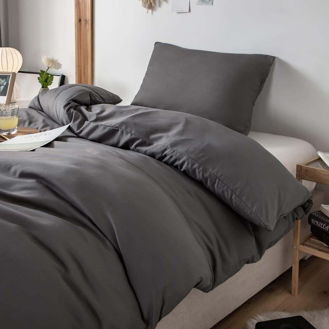 MOHAP Housse de Couette 140x190/200cm+1 Taies d'oreillers 65x65cm Gris Parure de Lit 1 Personnes 100 Fils/cm² en Microfibre avec Fermeture Éclair 2