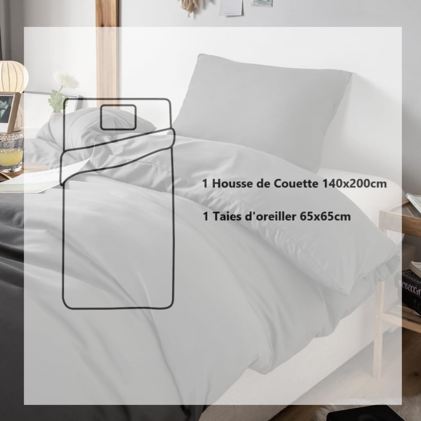 MOHAP Housse de Couette 140x190/200cm+1 Taies d'oreillers 65x65cm Gris Parure de Lit 1 Personnes 100 Fils/cm² en Microfibre avec Fermeture Éclair 5
