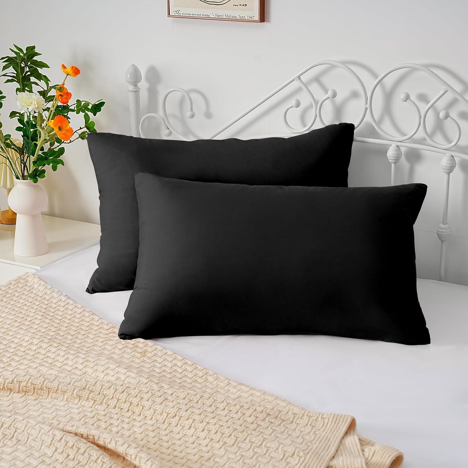 2 x Zippered Housewife Pillowcases Brushed Microfiber Bedroom (50X75) CM Pillowcase Covers Black