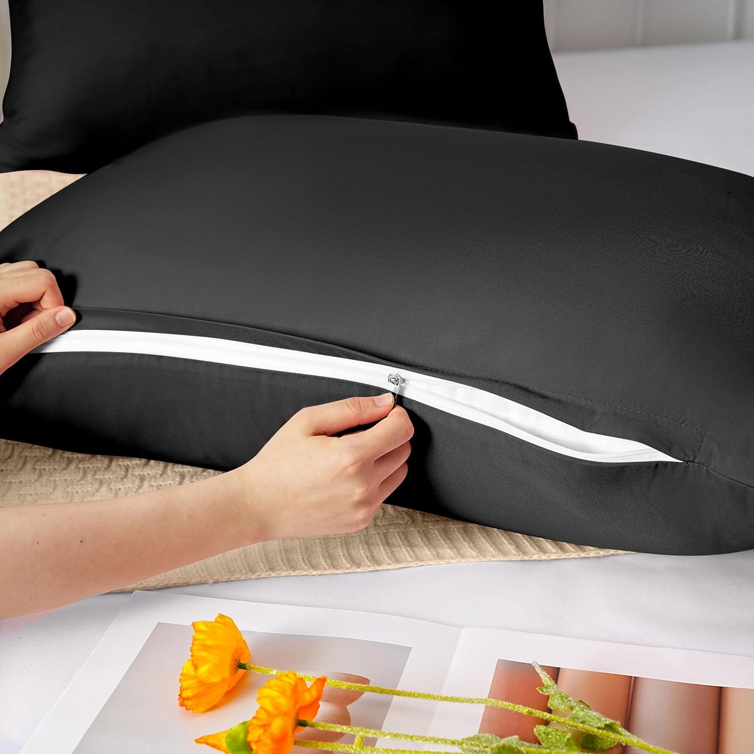 2 x Zippered Housewife Pillowcases Brushed Microfiber Bedroom (50X75) CM Pillowcase Covers Black 4