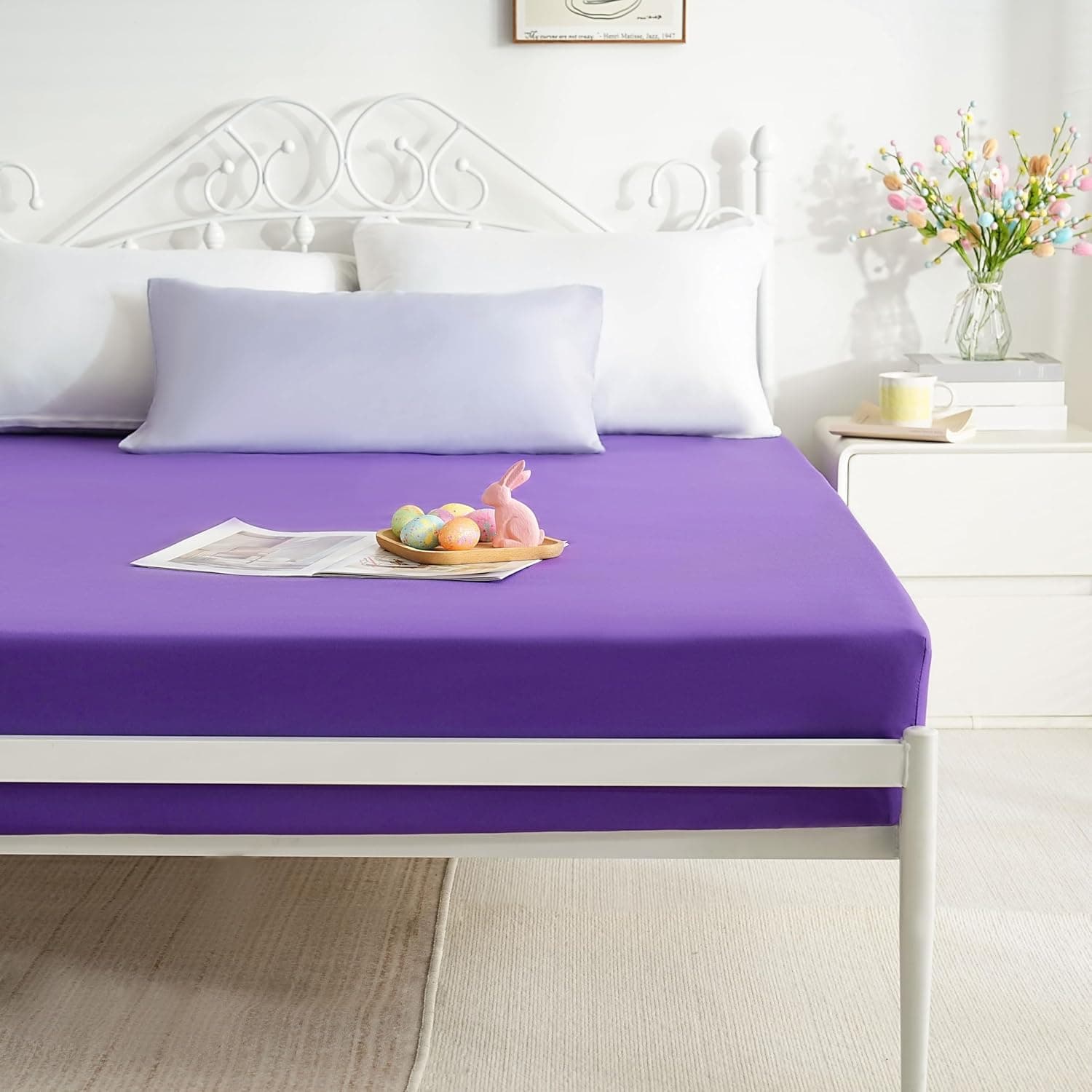 AYASW Fitted Sheet Only Queen Size Deep Pocket Bed Fitted Bottom Sheet 1 Piece Soft & Cozy Brushed Microfiber Fits 8" to 16" Purple Wrinkle, Fade Resistant Easy Care Stable Holiday Décor 2