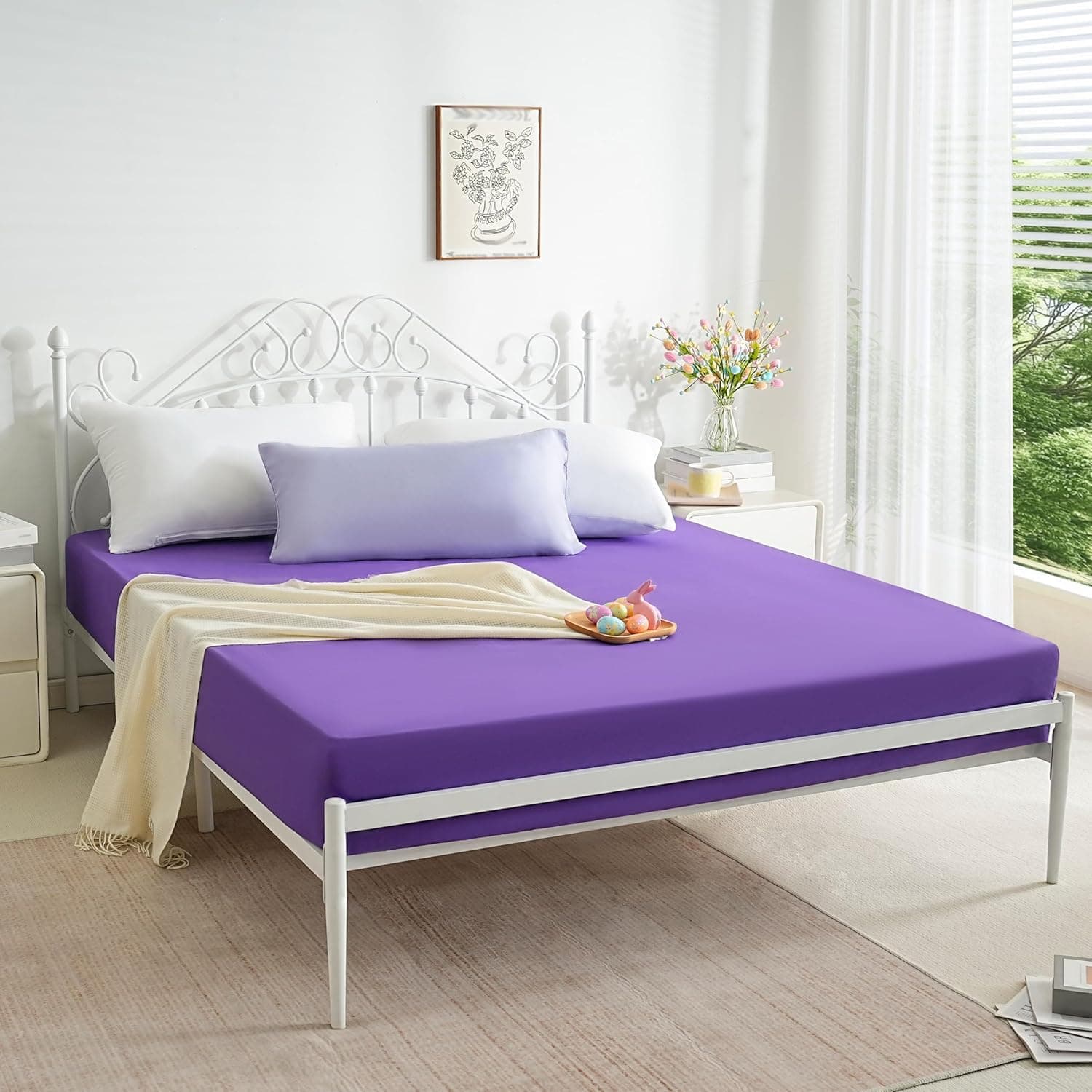 AYASW Fitted Sheet Only Queen Size Deep Pocket Bed Fitted Bottom Sheet 1 Piece Soft & Cozy Brushed Microfiber Fits 8" to 16" Purple Wrinkle, Fade Resistant Easy Care Stable Holiday Décor 3