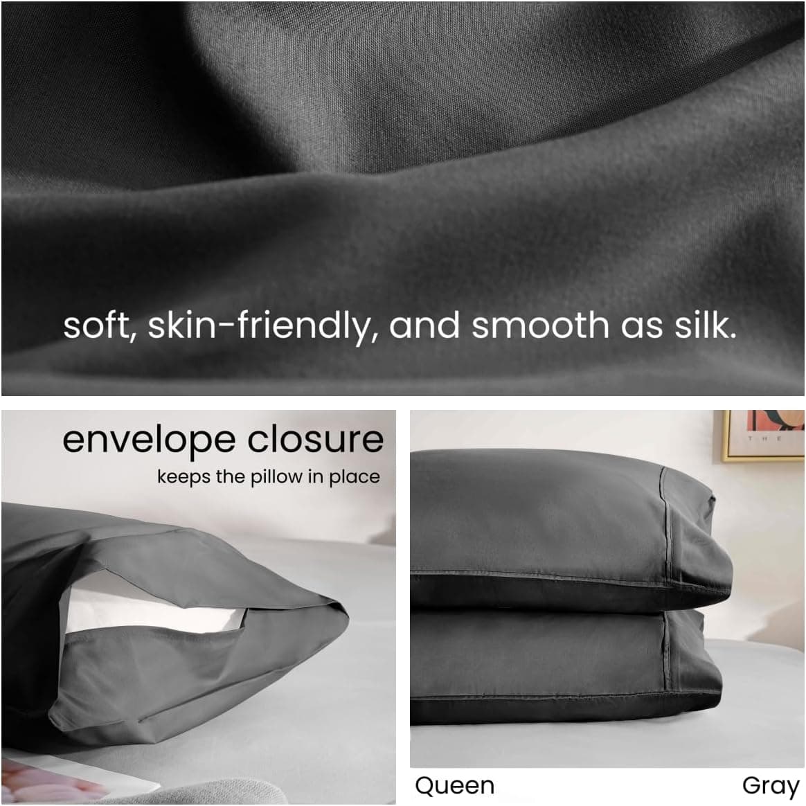 ‌Queen Pillowcases Set of 2 - Envelope Closure Pillow Covers, Ultra-Soft & Breathable Microfiber, All Season Luxury Bedding, Machine Washable, Modern Gray‌ 6
