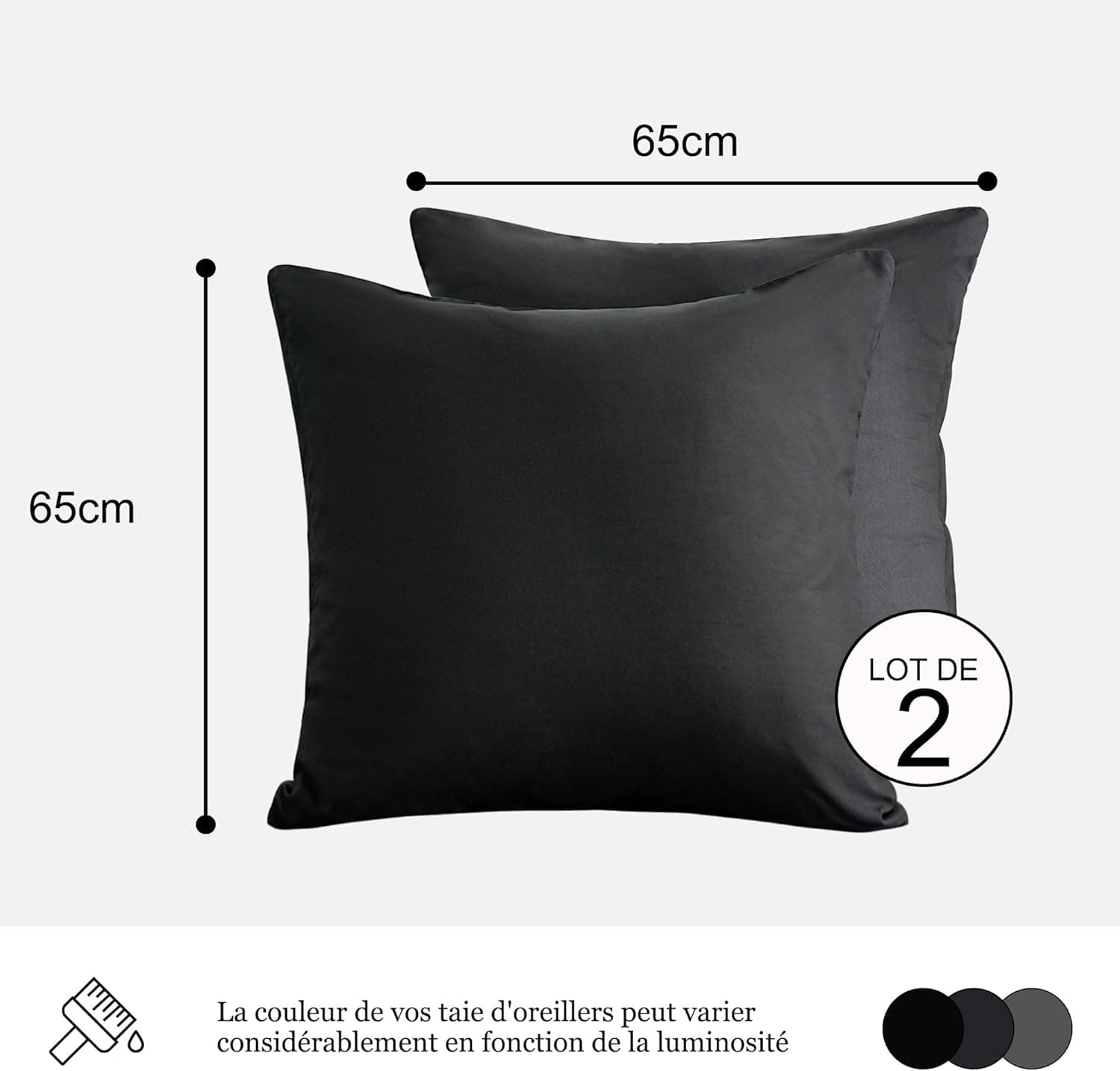 18 Couleurs Lot 2 Taie d'oreiller 65x65 cm Noir Housse Oreiller Coussin pour Canapé Lit Fermeture Éclair Anti-Acariens Hypoallergénique Protège Oreiller Zip Microfibre 2