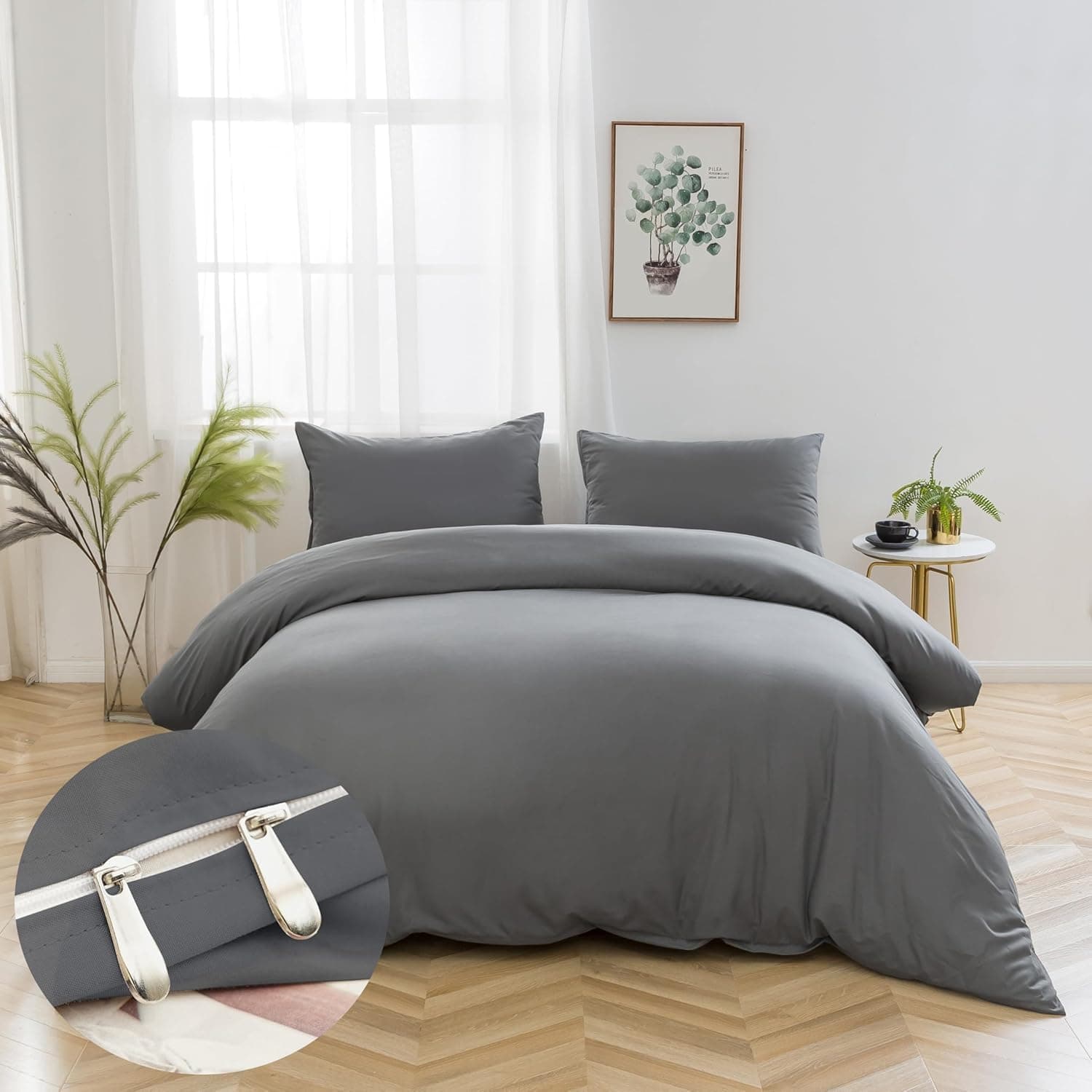 16 Couleurs Sets de Housses de Couettes 200x200 cm Double Fermeture Éclair 3 Pièces Microfibre Brossée 100 Fils/cm² + 2 Taies d'oreiller 65x65 cm Gris Parure de Lit Adulte 2 Personnes