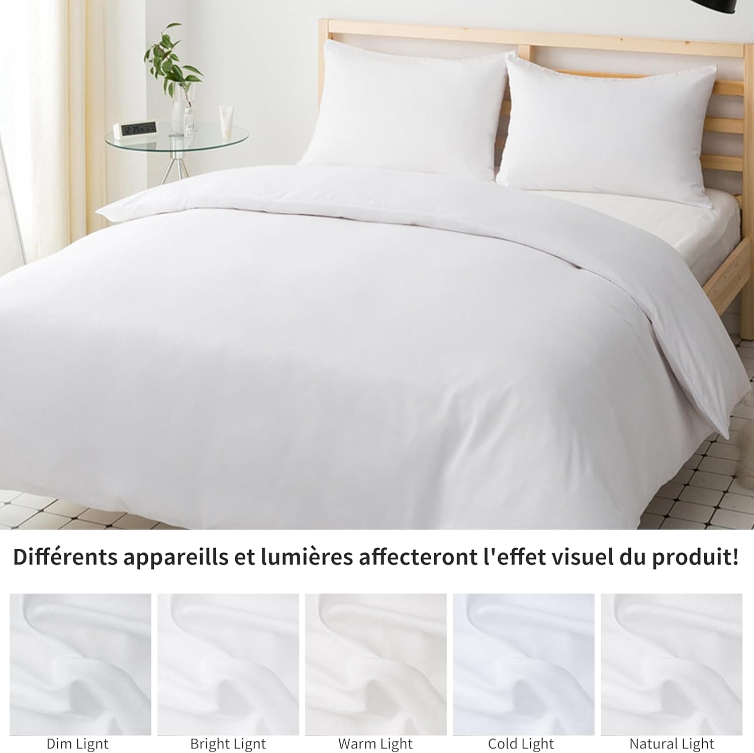 16 Couleurs Sets de Housses de Couettes 200x200 cm Double Fermeture Éclair 3 Pièces Microfibre Brossée 100 Fils/cm² + 2 Taies d'oreiller 65x65 cm Blanc Parure de Lit Adulte 2 Personnes 6
