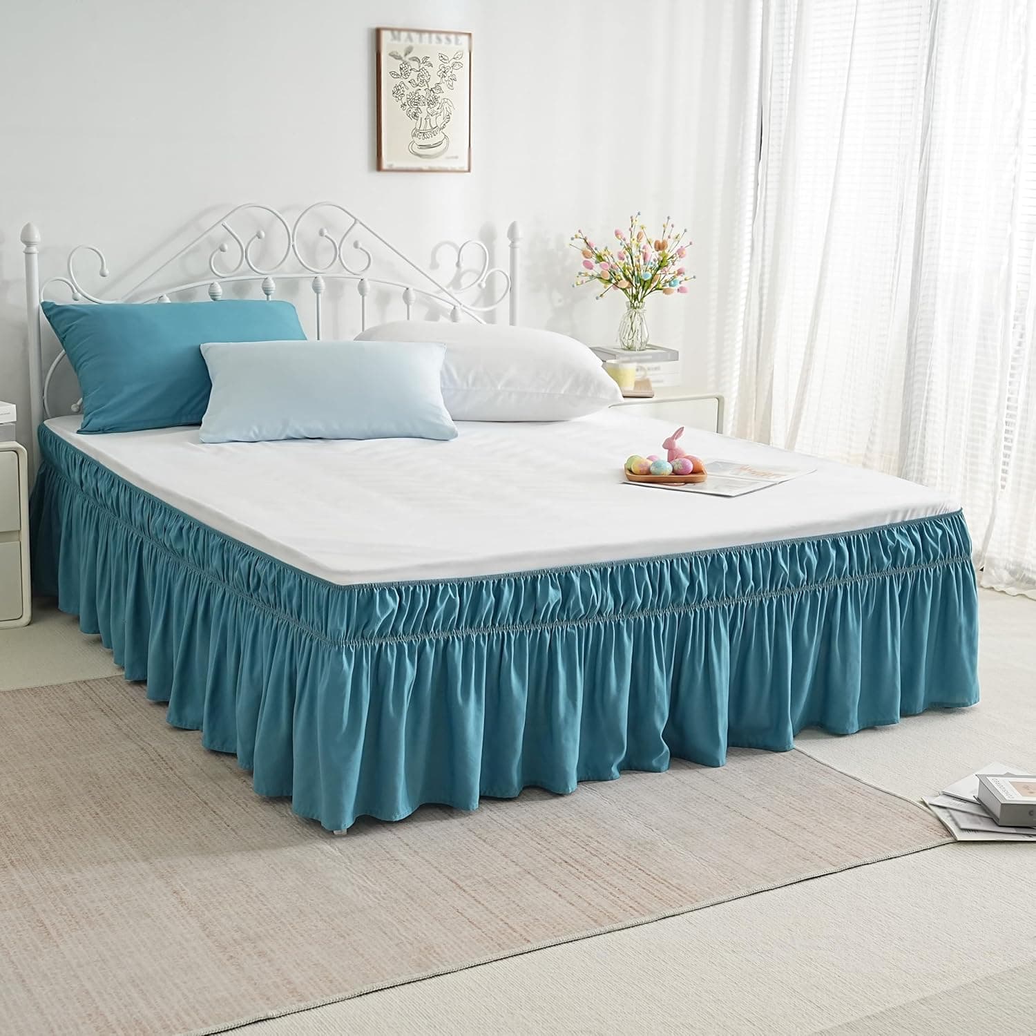 AYASW Cache-sommier pour Grand lit de 35,6 cm de Long, Volants de poussière, Confortable et Doux, en Microfibre brossée, Trois côtés en Tissu à Envelopper avec élastique, sans Housse de lit, Bleu 5