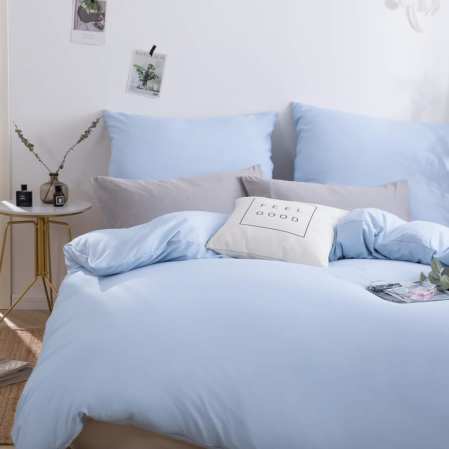 MOHAP Housse de Couette 220x240cm+2 Taies d'oreillers 65x65cm Bleu Clair Parure de Lit Adulte 2 Personnes 100 Fils/cm² en Microfibre avec Fermeture Éclair 2