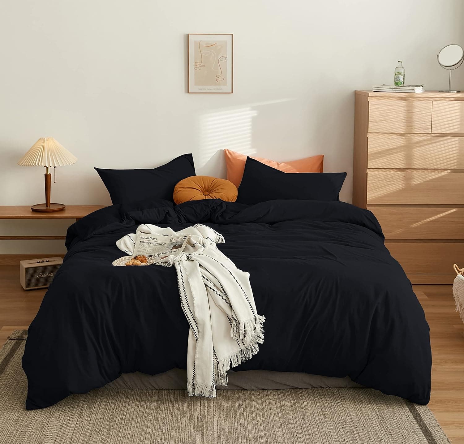 MOHAP Housse de Couette 240x260cm+2 Taies d'oreillers 65x65cm Noir Parure de Lit Adulte 2 Personnes 100 Fils/cm² en Microfibre avec Fermeture Éclair