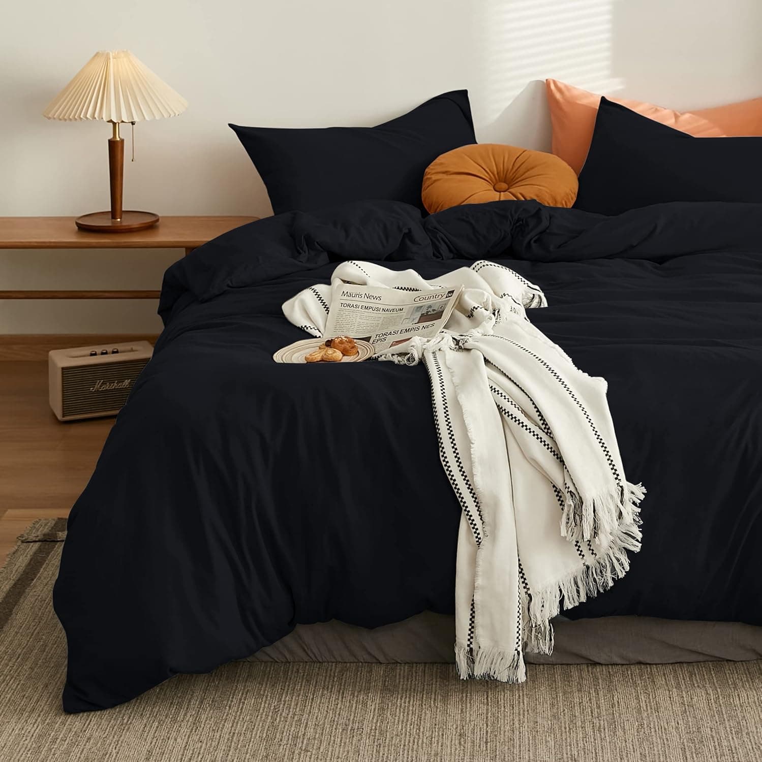 MOHAP Housse de Couette 240x260cm+2 Taies d'oreillers 65x65cm Noir Parure de Lit Adulte 2 Personnes 100 Fils/cm² en Microfibre avec Fermeture Éclair 2