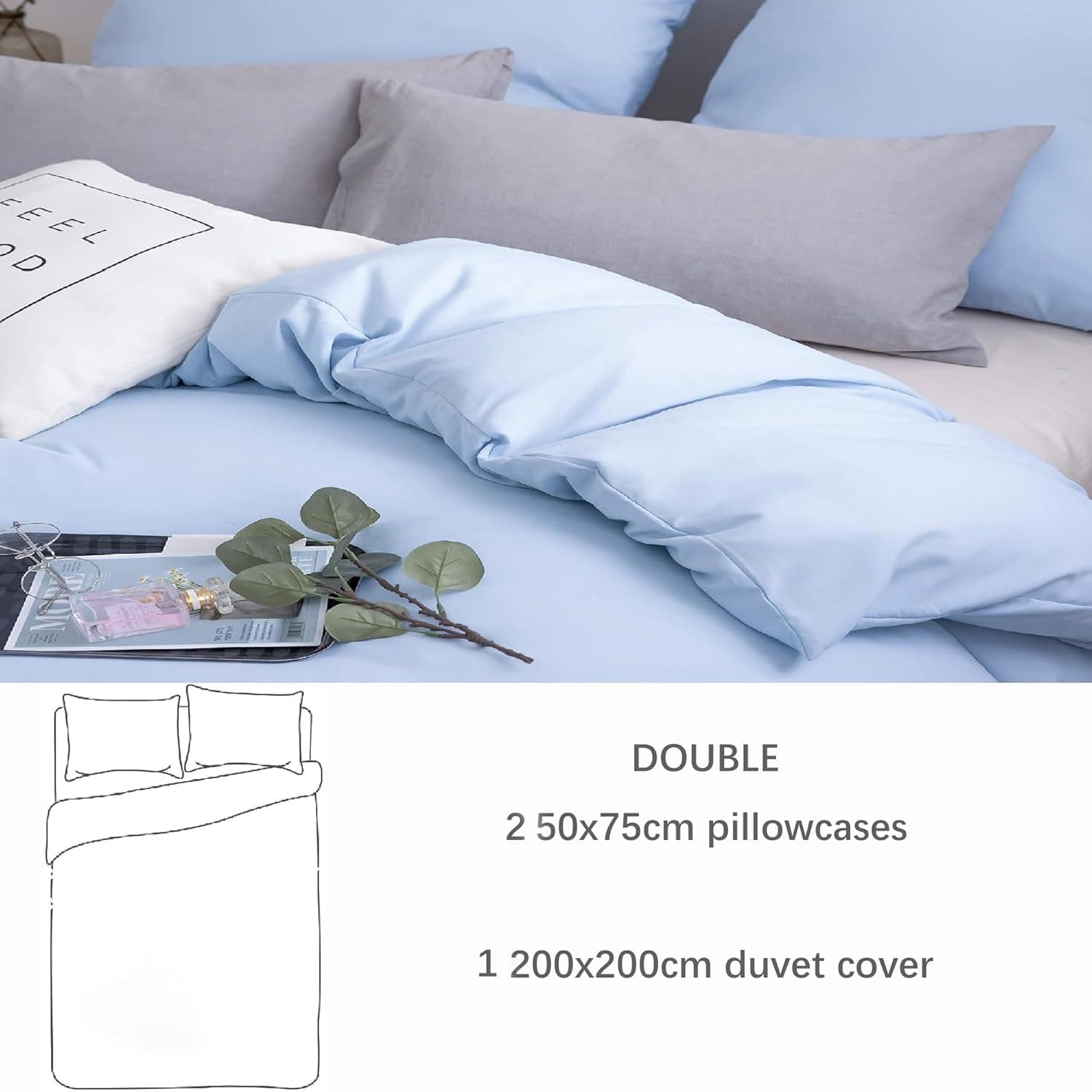 MOHAP Warm Bedding Double Duvet Cover Set 3 PCS Plain Brushed Microfiber Bedding 1 Duvet Cover with 2 Zippers and 2 Pillowcases Light Blue 4