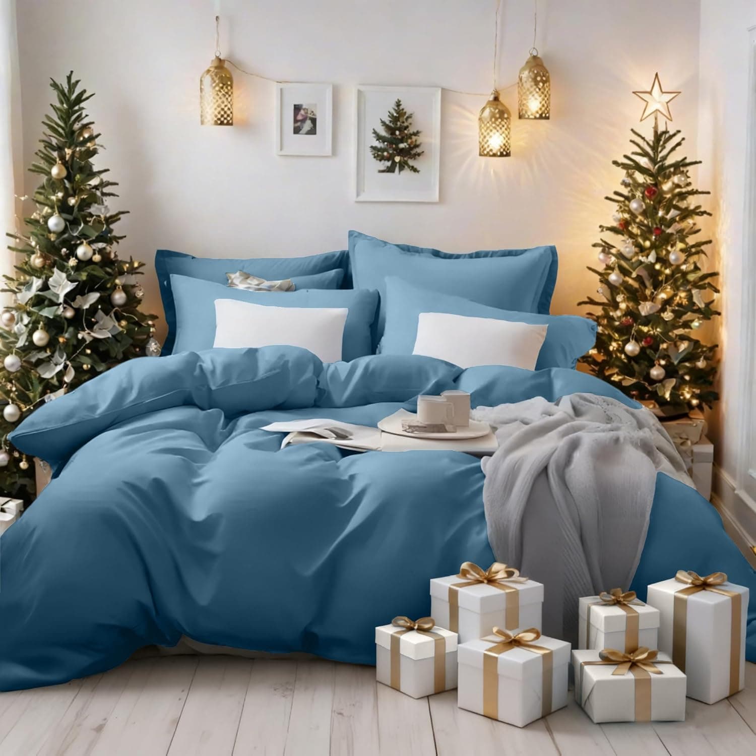 MOHAP Warm Bedding Double Duvet Cover Set 3 PCS Plain Brushed Microfiber Bedding 1 Duvet Cover with 2 Zippers and 2 Pillowcases Light Blue 7
