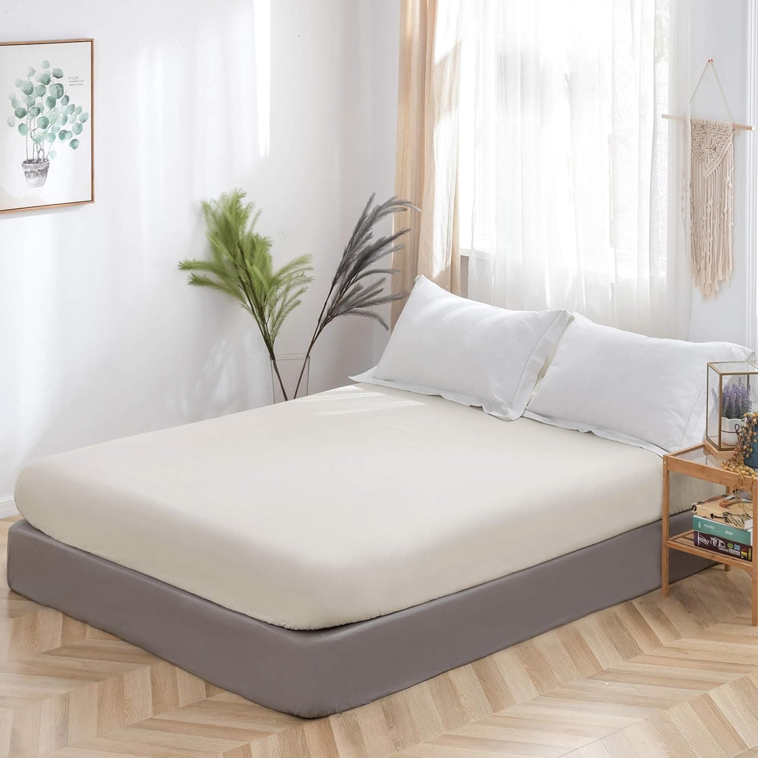 MOHAP Drap Housse 180x200cm avec Bonnet 30cm Beige Drap Housse 100 GSM en Microfibre de Haute Qualité 100% Polyester Doux, Résistant, Anti Plis 2