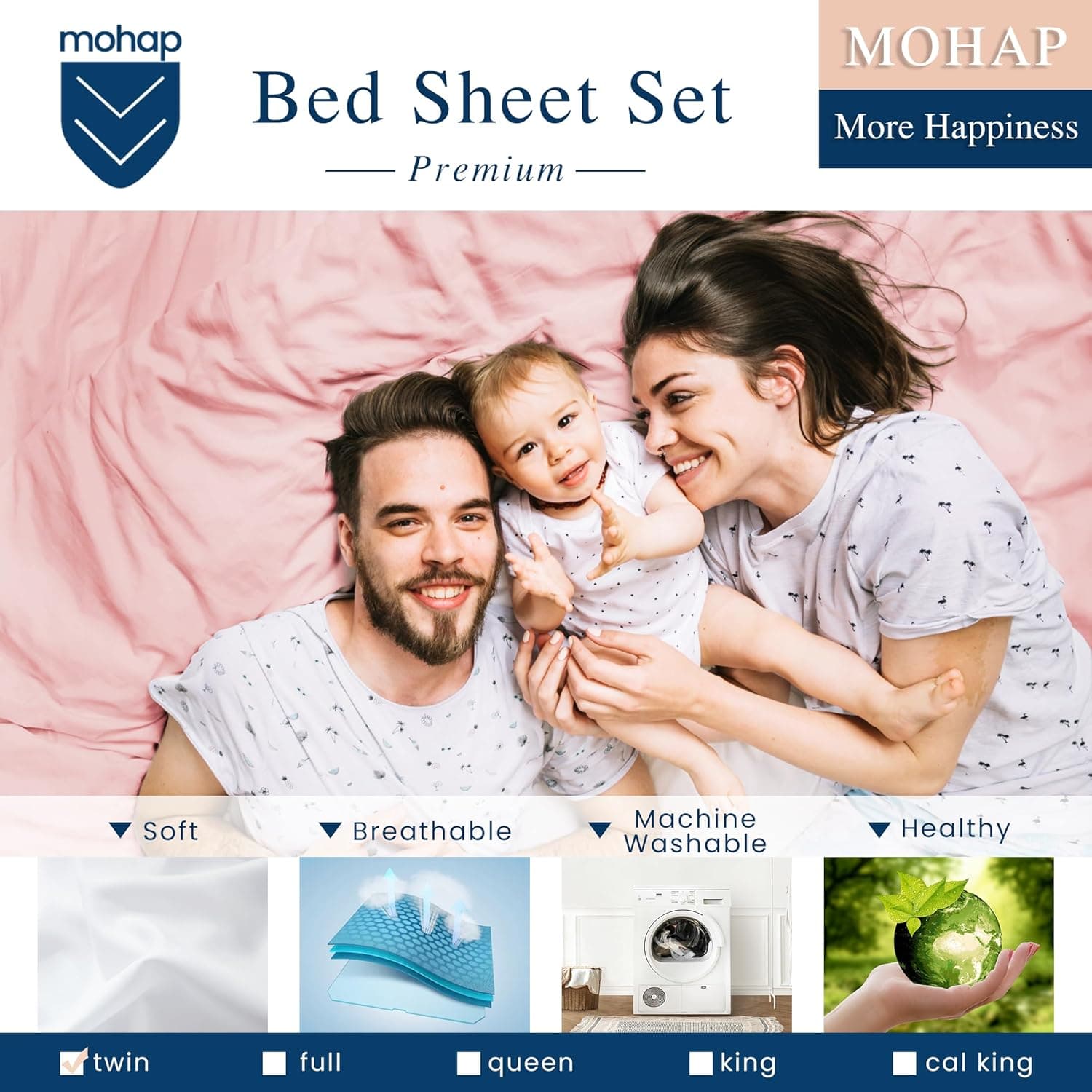 Mohap Bed Sheet Set 3 Pieces Double Brushed Microfiber 1800 - Breathable All Season Luxury Soft Bedding - Twin Pink 7