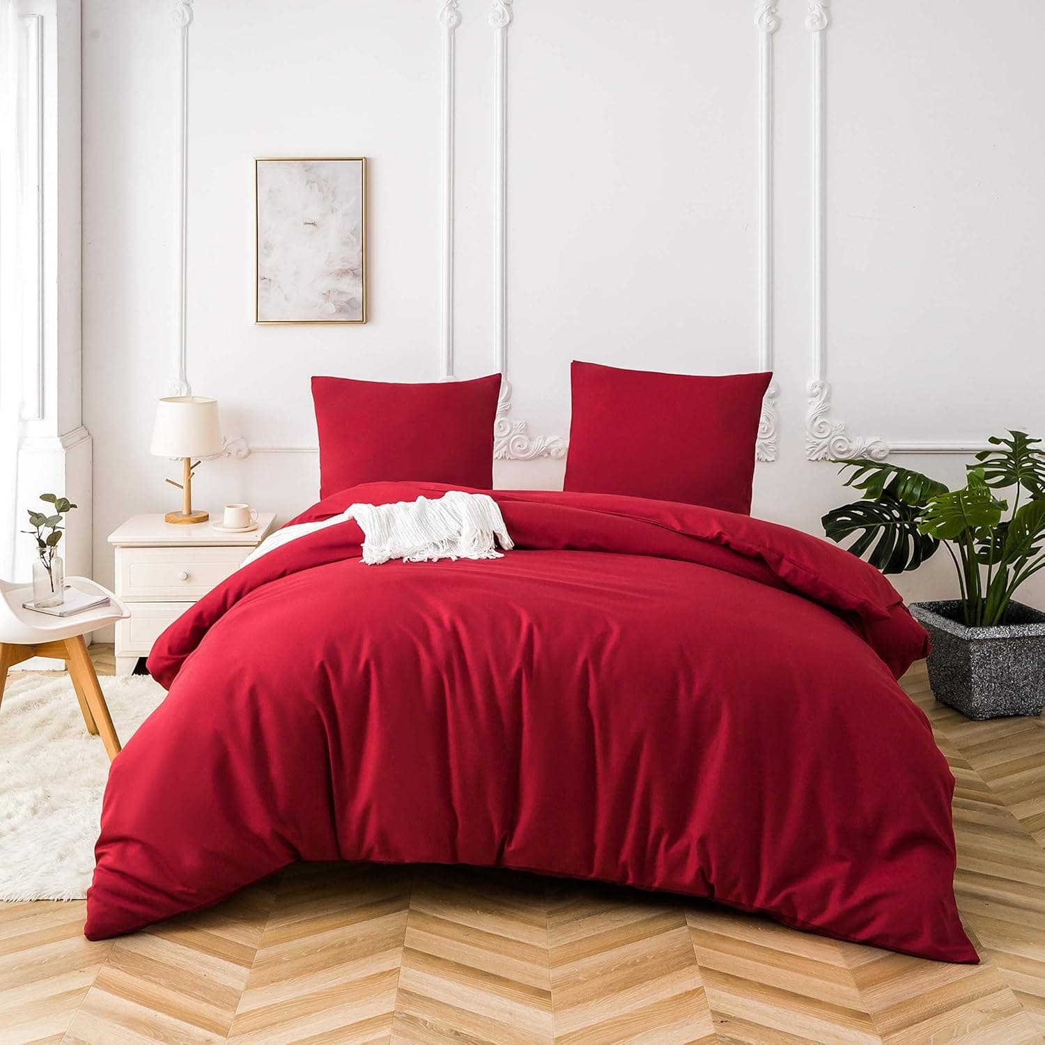 16 Couleurs Sets de Housses de Couettes 200x200 cm Double Fermeture Éclair 3 Pièces Microfibre Brossée 100 Fils/cm² + 2 Taies d'oreiller 65x65 cm Rouge Parure de Lit Adulte 2 Personnes