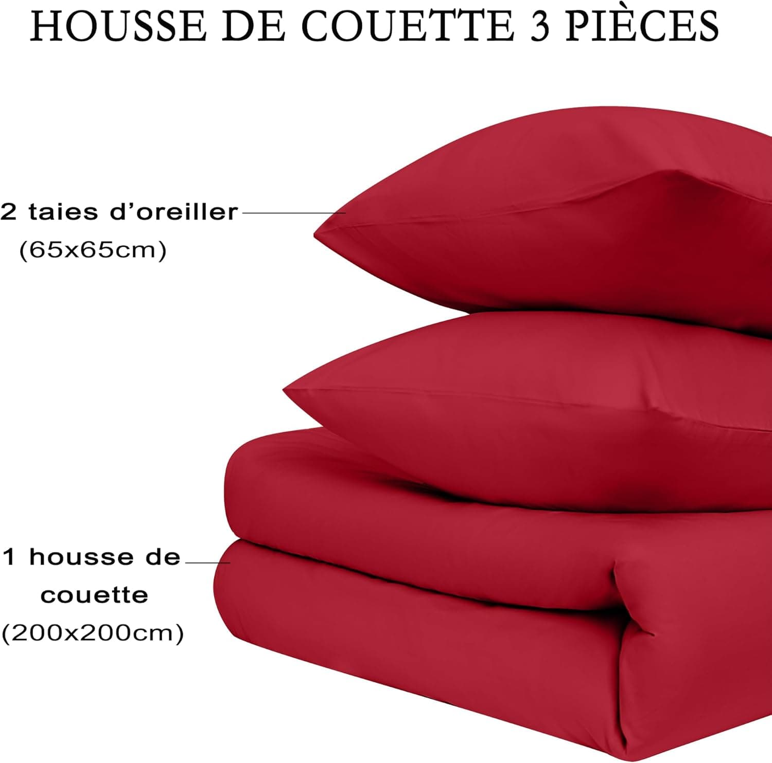 16 Couleurs Sets de Housses de Couettes 200x200 cm Double Fermeture Éclair 3 Pièces Microfibre Brossée 100 Fils/cm² + 2 Taies d'oreiller 65x65 cm Rouge Parure de Lit Adulte 2 Personnes 7