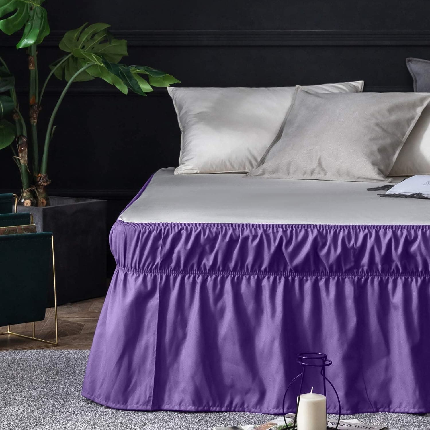 AYASW Bed Skirt Queen Size 14 inch Drop Premium Soft and Cozy 1800 Brushed Microfiber Dust Ruffle Three Fabric Sides Wrap Around with Elastic No Top Easy On Purple Holiday 2