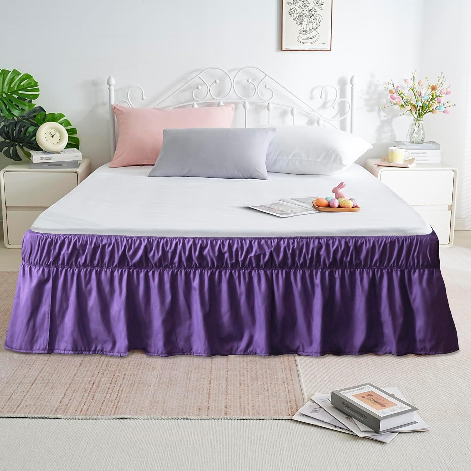 AYASW Bed Skirt Queen Size 14 inch Drop Premium Soft and Cozy 1800 Brushed Microfiber Dust Ruffle Three Fabric Sides Wrap Around with Elastic No Top Easy On Purple Holiday 4