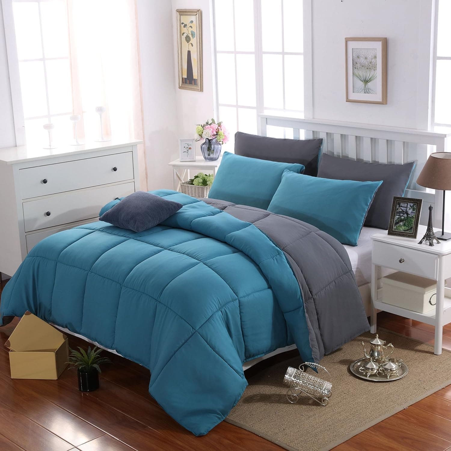 MOHAP Couette Bicolore Chaude l'hiver 450g/m² Épais 140x200cm Hypoallergénique Lac Bleu + Gris Foncé Couette de Lit Réversible 1 Personnes Edredon