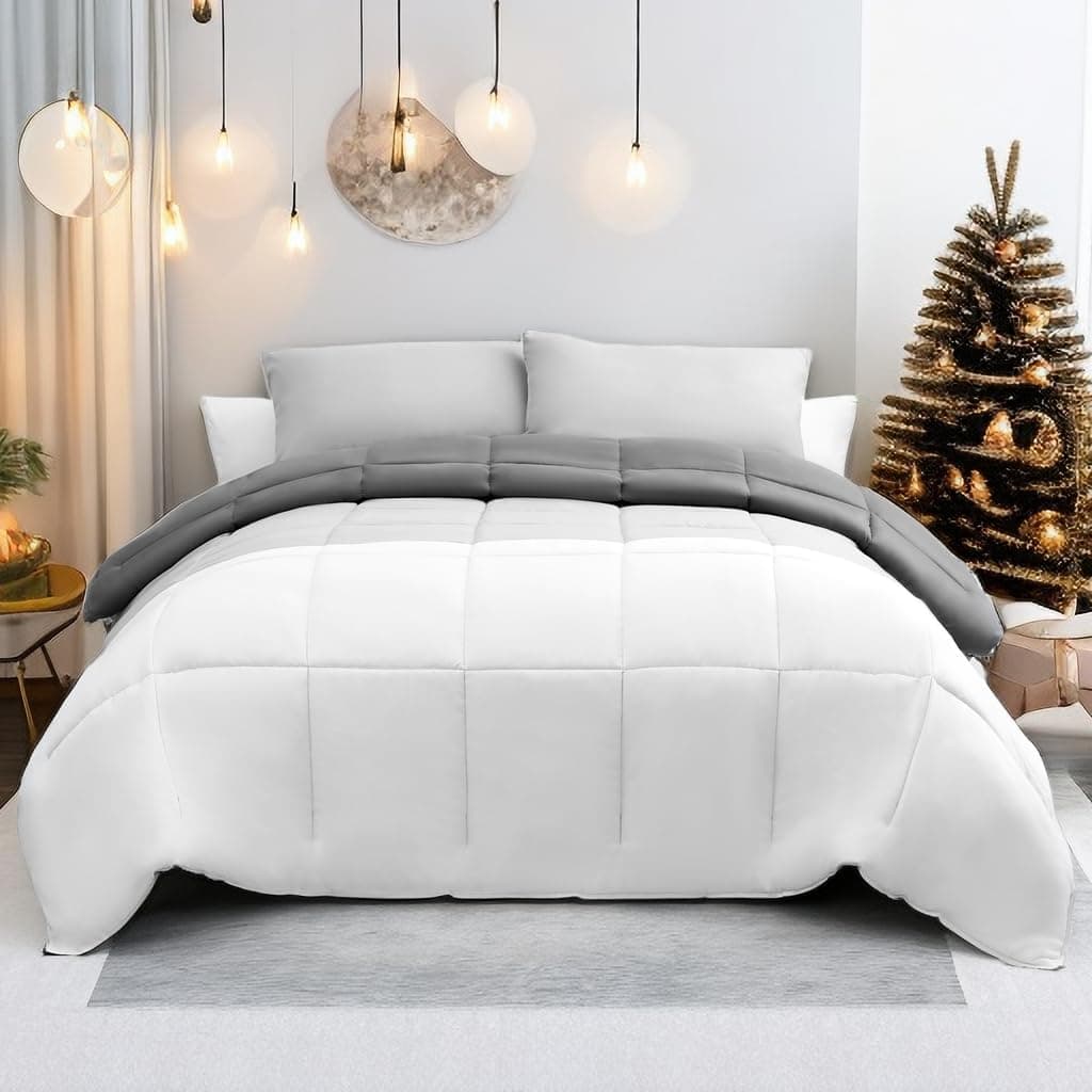 MOHAP Couette Bicolore Chaude l'hiver 450g/m² Épais 200x200cm Hypoallergénique Lac Bleu + Gris Foncé Couette de Lit Réversible 2 Personnes Edredon 6