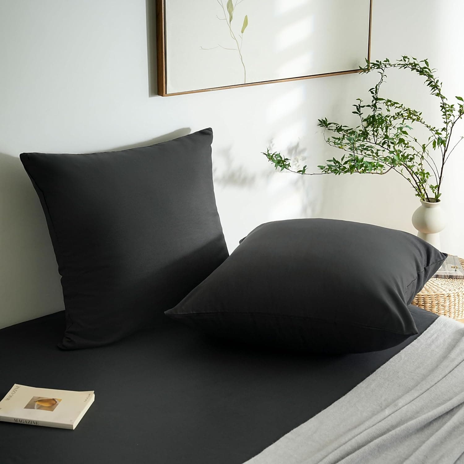 MOHAP Lot de 2- Taies d'oreiller 65x65cm Noir Housse d'oreiller avec Une Fermeture éclair en Microfibre
