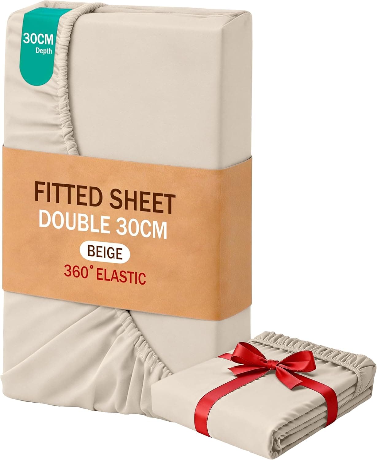MOHAP Double Size Fitted Sheet Beige with Extra Deep 30 cm Pocket Bed Sheet Only Bedsheet Brushed Microfiber Bottom Sheet for Double Bed 135x190 Beige