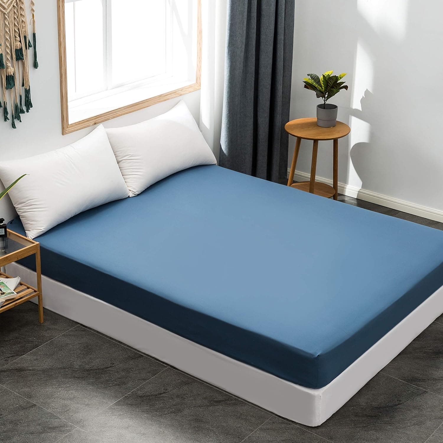 MOHAP Drap Housse 160x200cm avec Bonnet 30cm Bleu Drap Housse 100 GSM en Microfibre de Haute Qualité 100% Polyester Doux, Résistant, Anti Plis 3