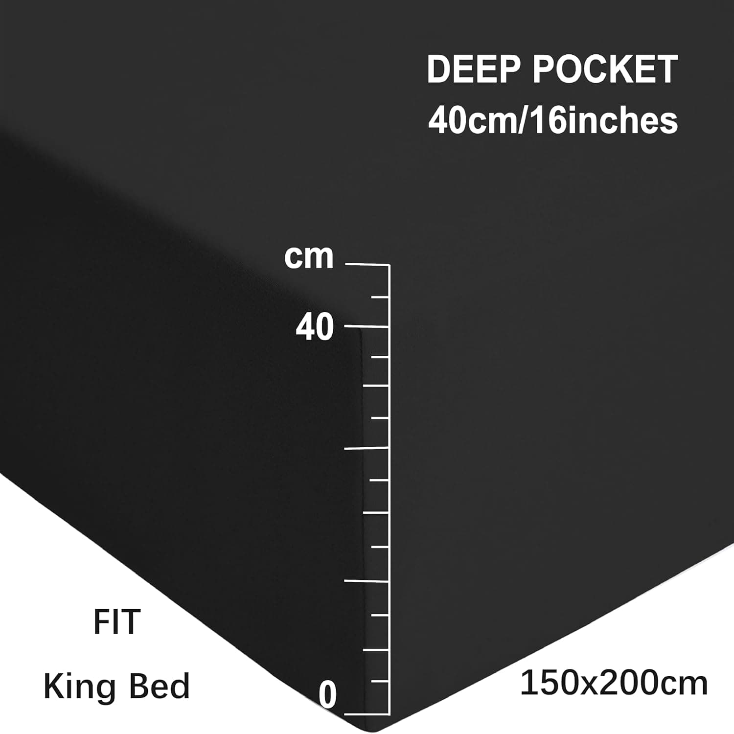 MOHAP King Size Fitted Sheet Black with Extra Deep 16 inch 40 cm Pocket Bed Sheet Only Bedsheet Brushed Microfiber Bottom Sheet for King Bed 150x200 Black 2