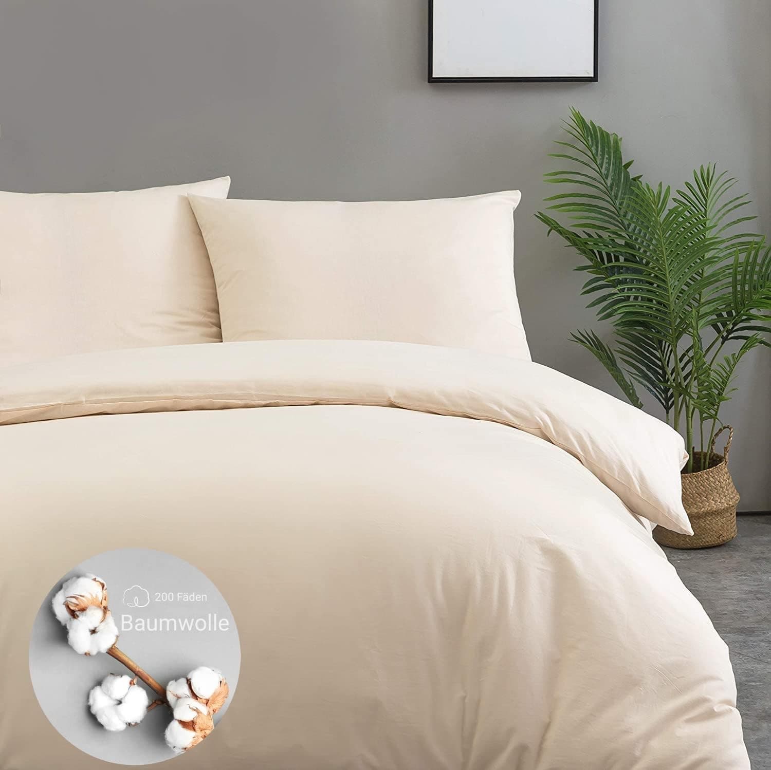 QZY Parure de lit en coton 200 x 200 cm Beige Lot de 3 housses de couette et 2 taies d'oreiller 80 x 80 cm 2