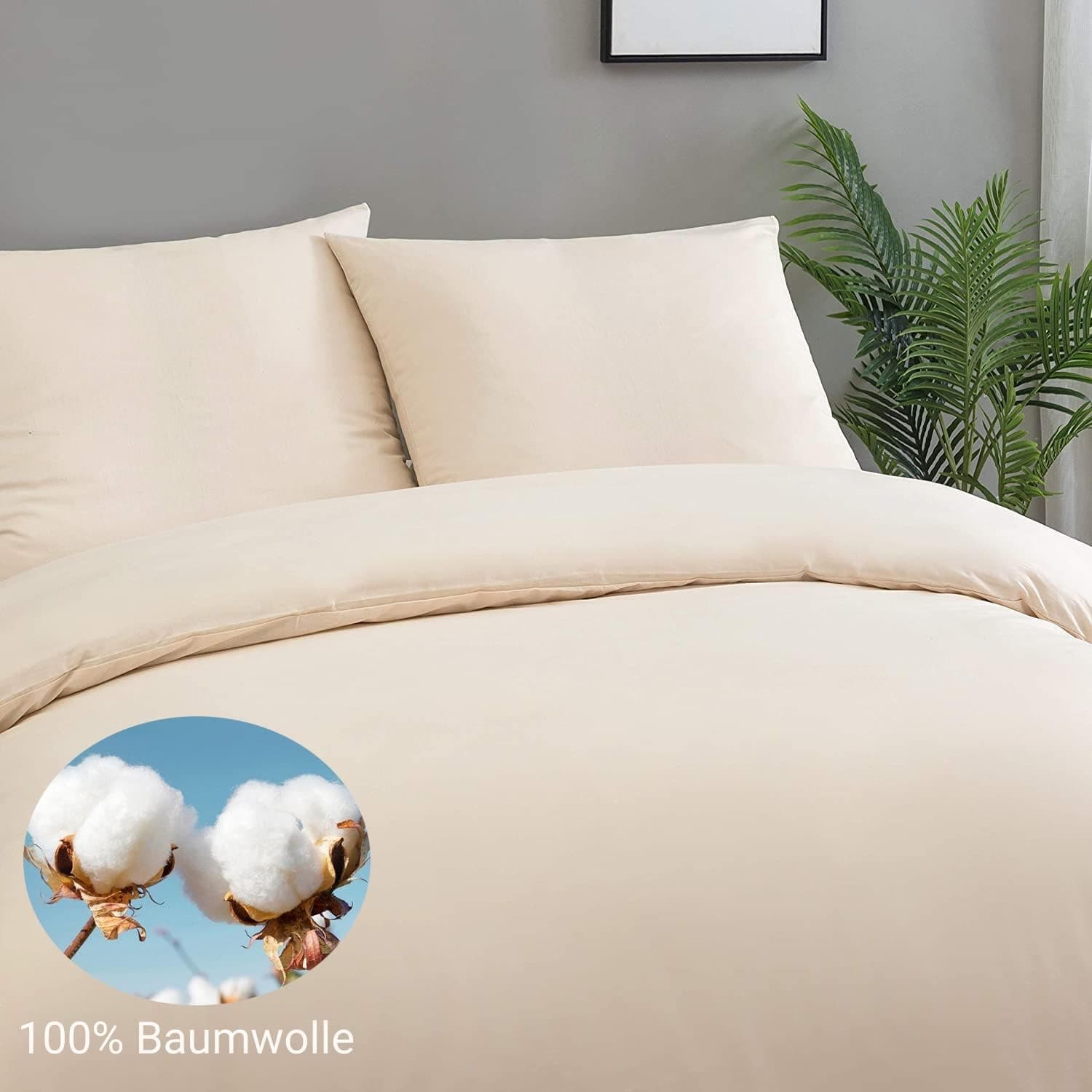 QZY Parure de lit en coton 200 x 200 cm Beige Lot de 3 housses de couette et 2 taies d'oreiller 80 x 80 cm 3