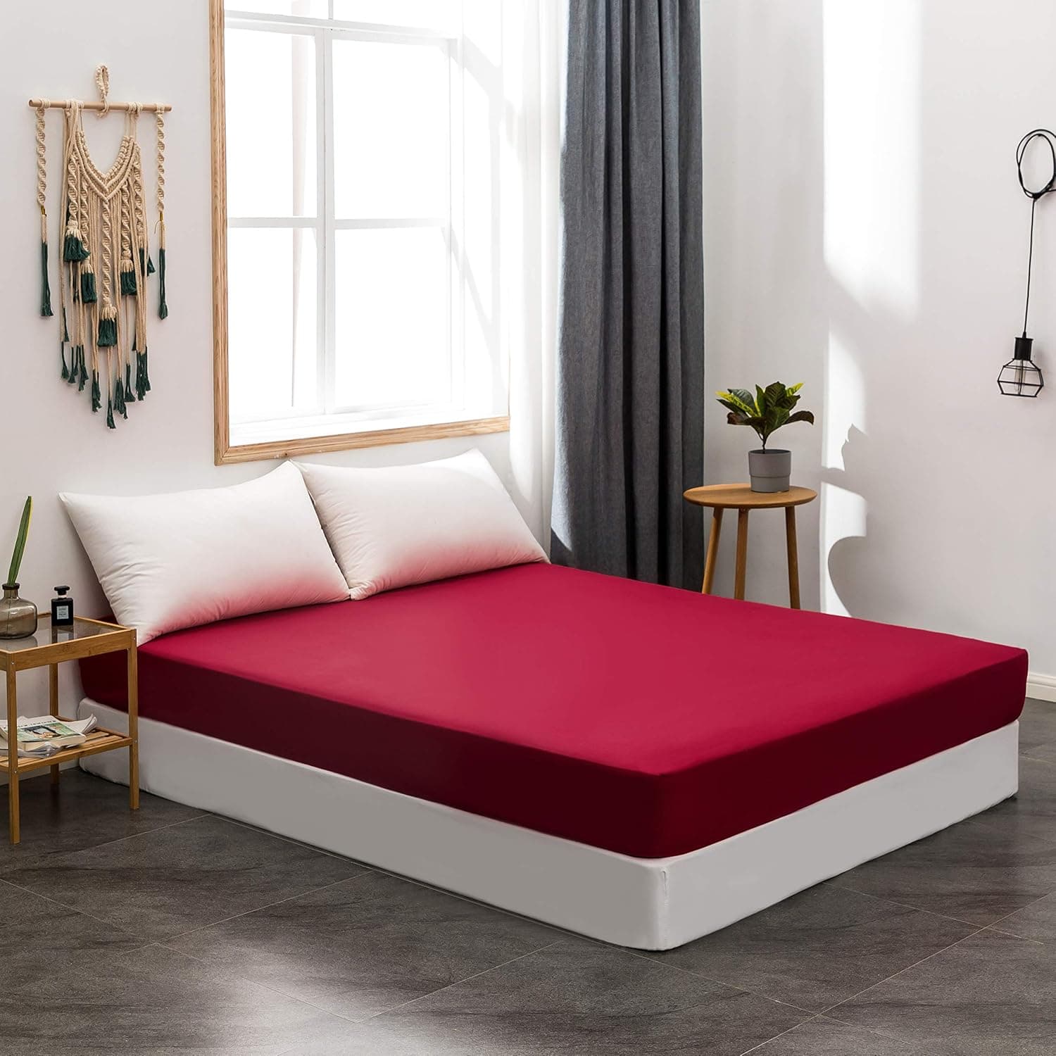 MOHAP Drap Housse 180x200cm avec Bonnet 30cm Rouge Vineux Drap Housse 100 GSM en Microfibre de Haute Qualité 100% Polyester Doux, Résistant, Anti Plis 2