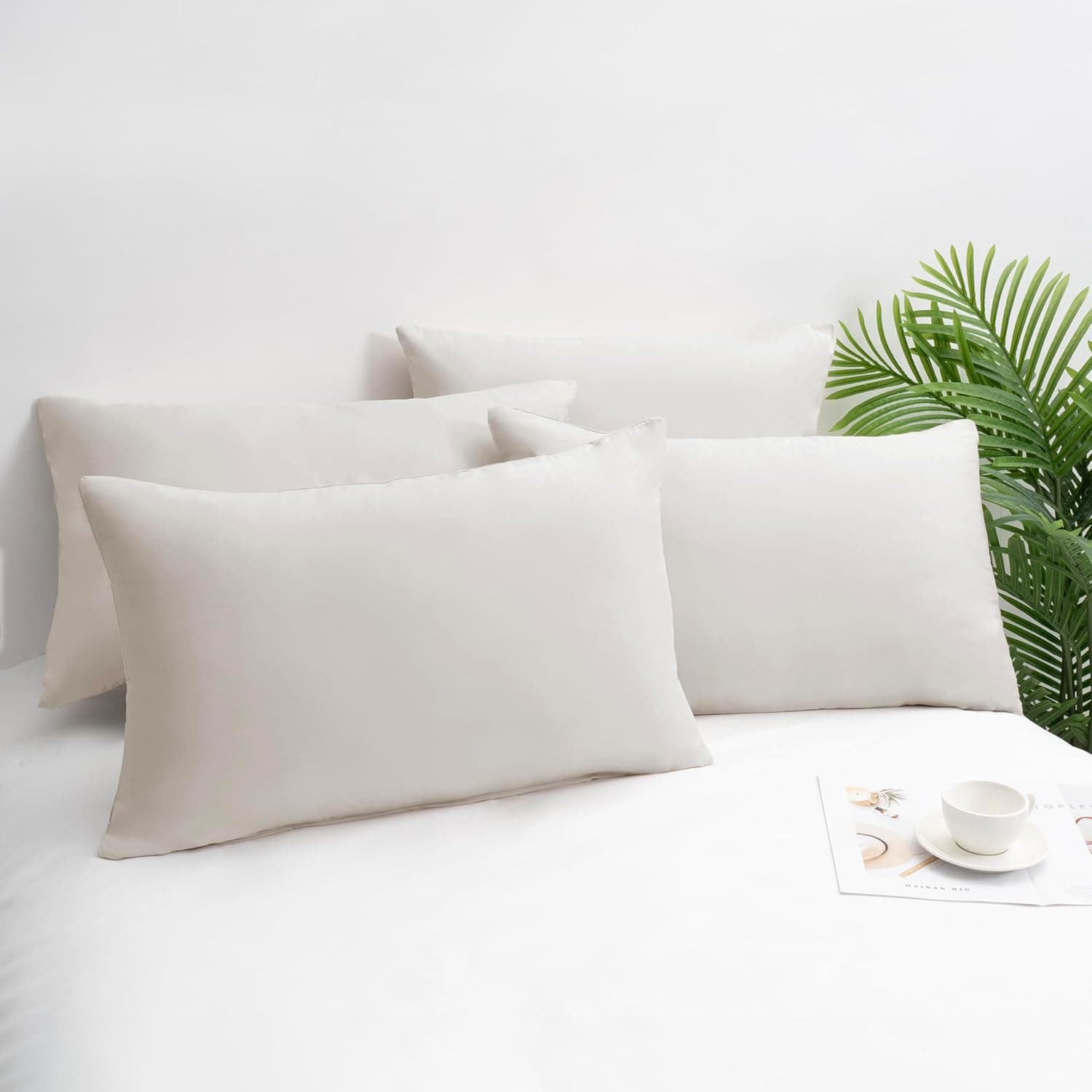 MOHAP Lot de 4- Taies d'oreiller 50x70cm Beige Housse d'oreiller avec Une Fermeture Eclair en Microfibre