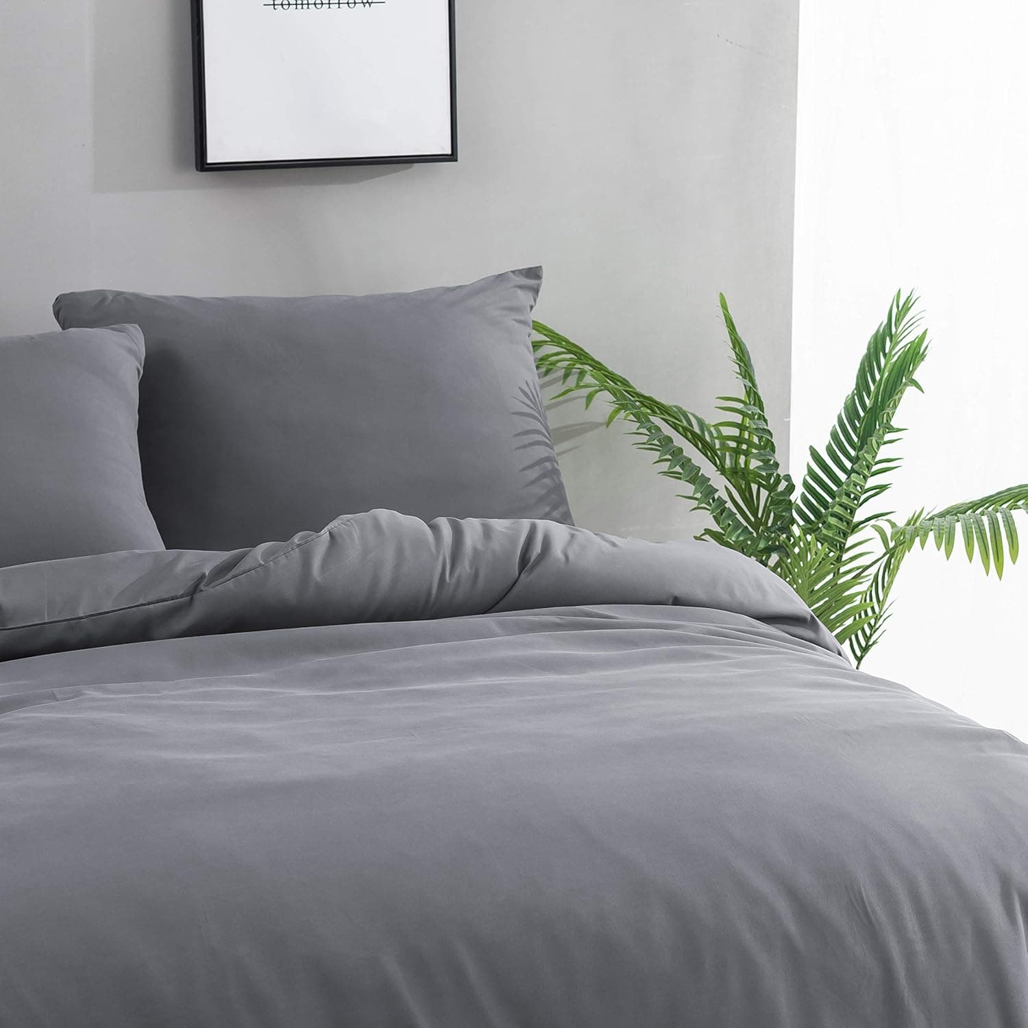 MOHAP Parure de Lit 4 Pièces Housse de Couette 220x240cm + Drap Housse 180x200cm avec 2 taies d'oreillers 65x65cm Gris pour 2 Personnes Parure 120 Fils/cm² en Microfibre 2