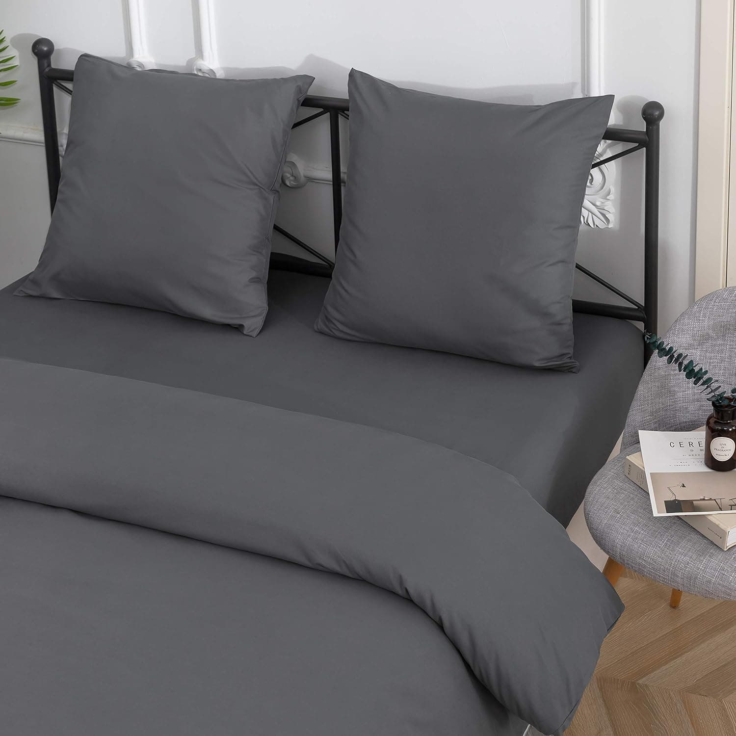 MOHAP Parure de Lit 4 Pièces Housse de Couette 220x240cm + Drap Housse 180x200cm avec 2 taies d'oreillers 65x65cm Gris pour 2 Personnes Parure 120 Fils/cm² en Microfibre 6