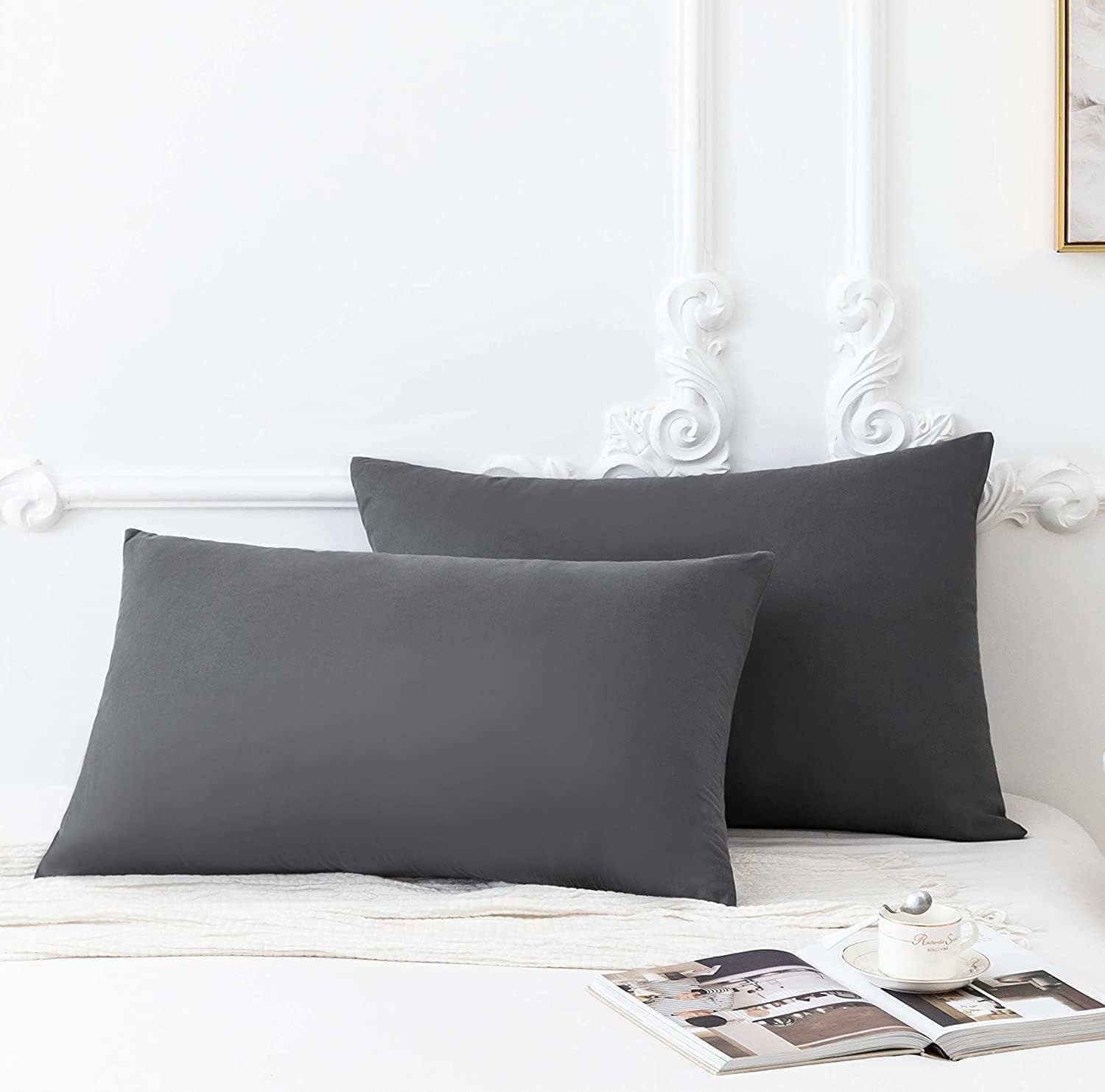 MOHAP Lot de 2-100% Coton Taies d'oreiller 50x70cm Gris avec la Fermeture Eclair Housse d'oreiller
