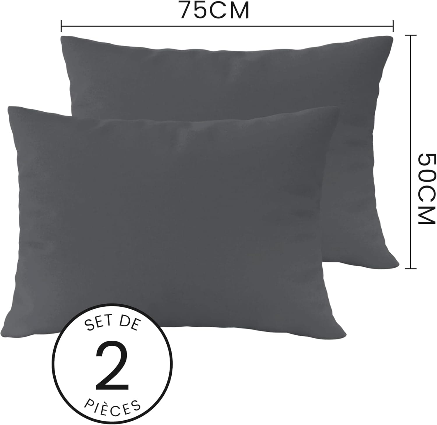 MOHAP Lot de 2-100% Coton Taies d'oreiller 50x70cm Gris avec la Fermeture Eclair Housse d'oreiller 3