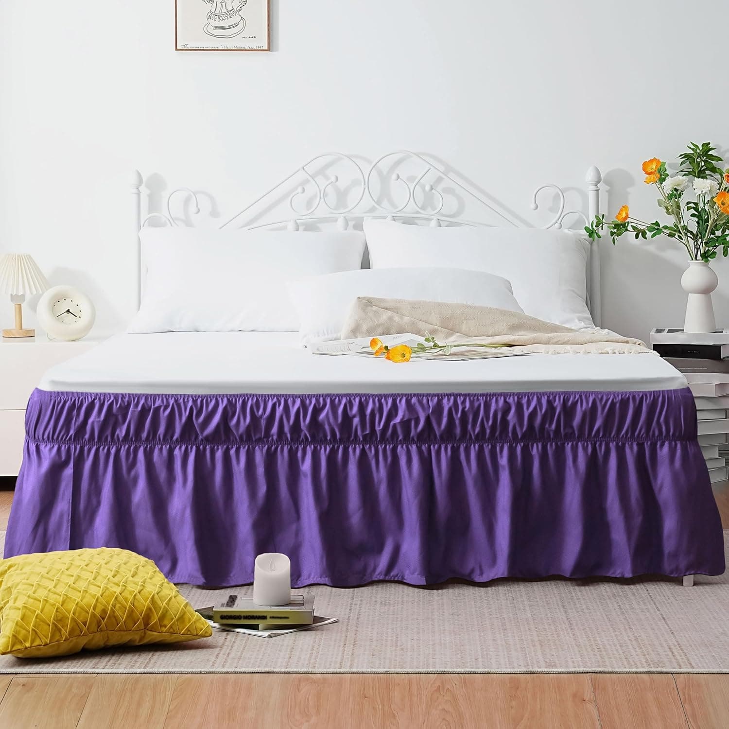 AYASW Bed Skirt Queen Size 14 inch Drop Premium Soft and Cozy 1800 Brushed Microfiber Dust Ruffle Three Fabric Sides Wrap Around with Elastic No Top Easy On Purple Holiday