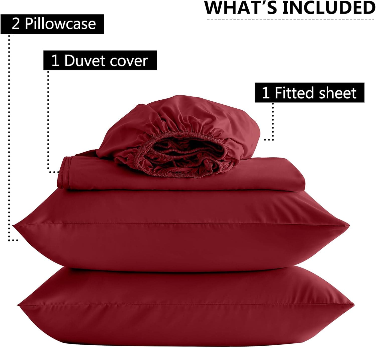 Warm Bedding Set and Fitted Sheet King Size 110GSM 4 Pieces Brushed Microfiber Duvet Cover with Pillowcases Luxury with 16'' Deep Pocket Bed Sheet Soft Fade Resistant Burgundy 3